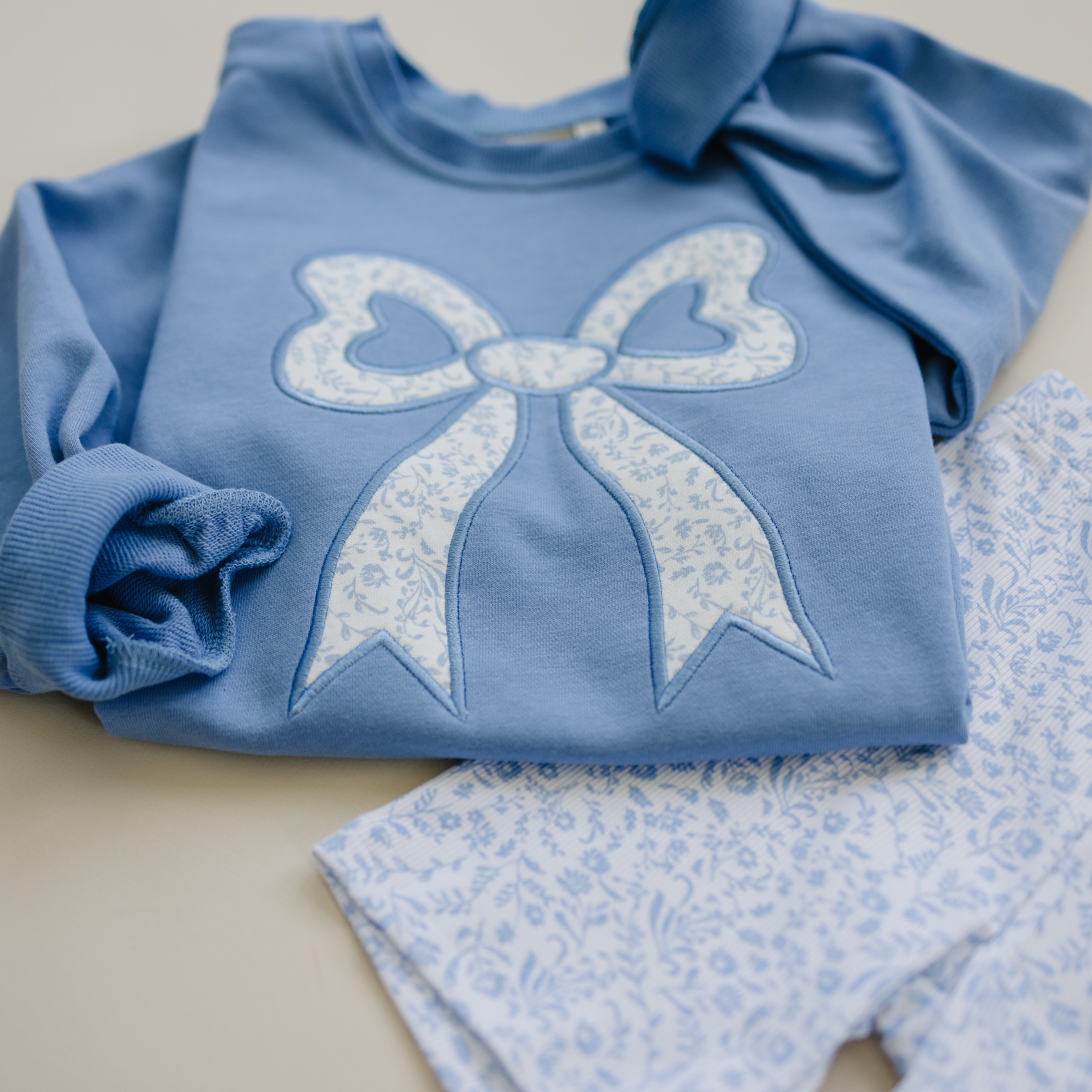 Blue Toile Applique Bow Sweatshirt Romper Or Crewneck