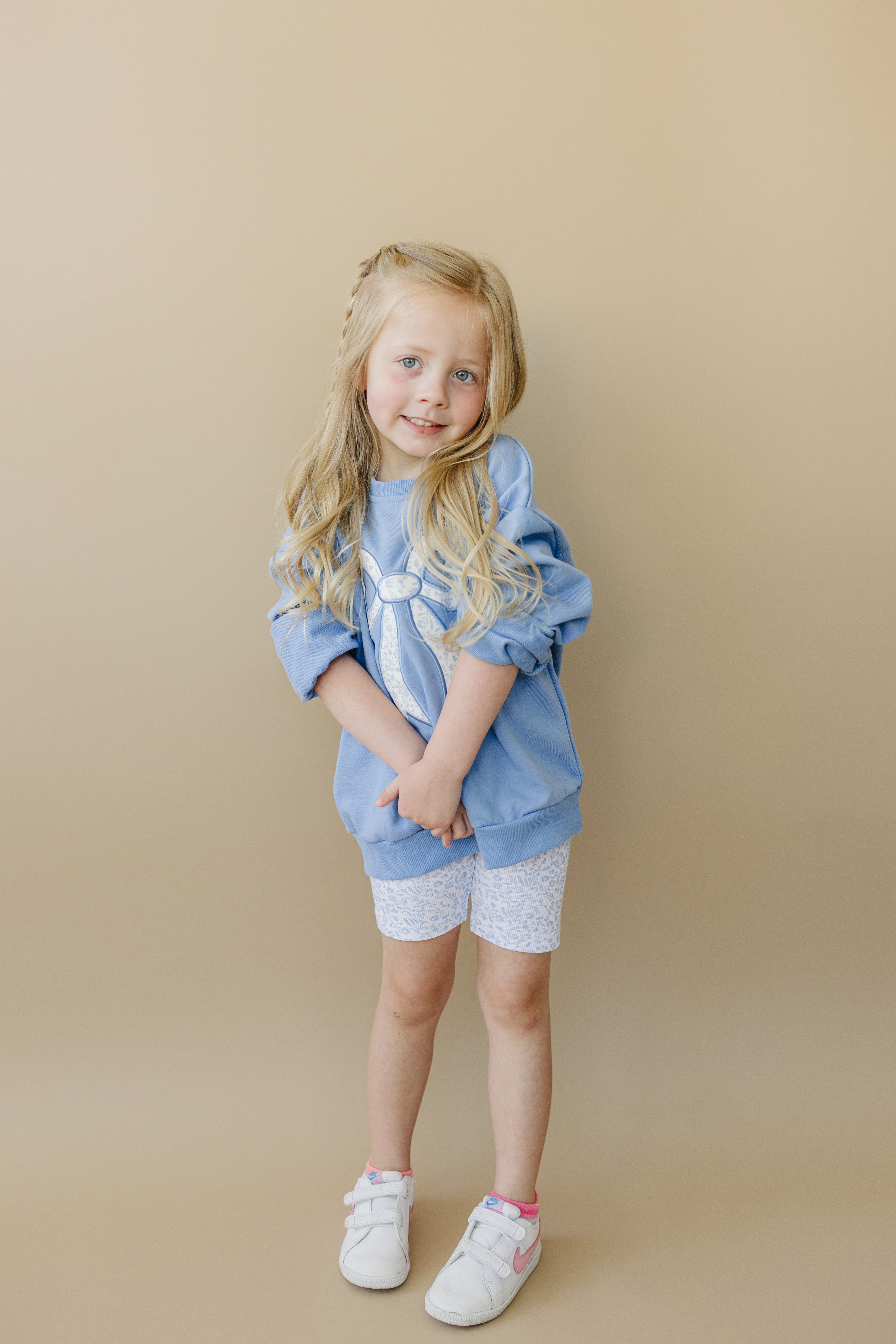 Blue Toile Applique Bow Sweatshirt Romper Or Crewneck