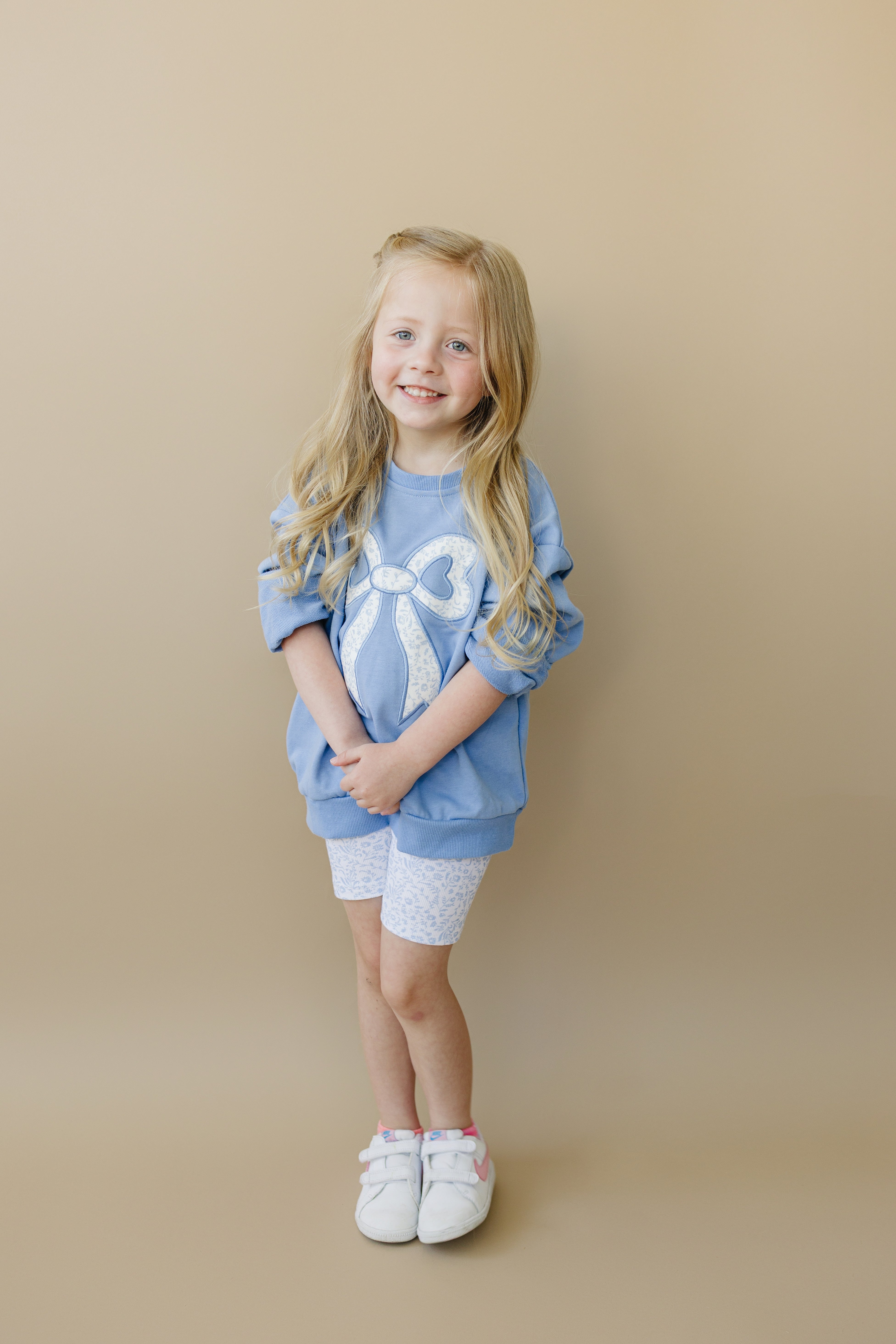 Blue Toile Applique Bow Sweatshirt Romper Or Crewneck