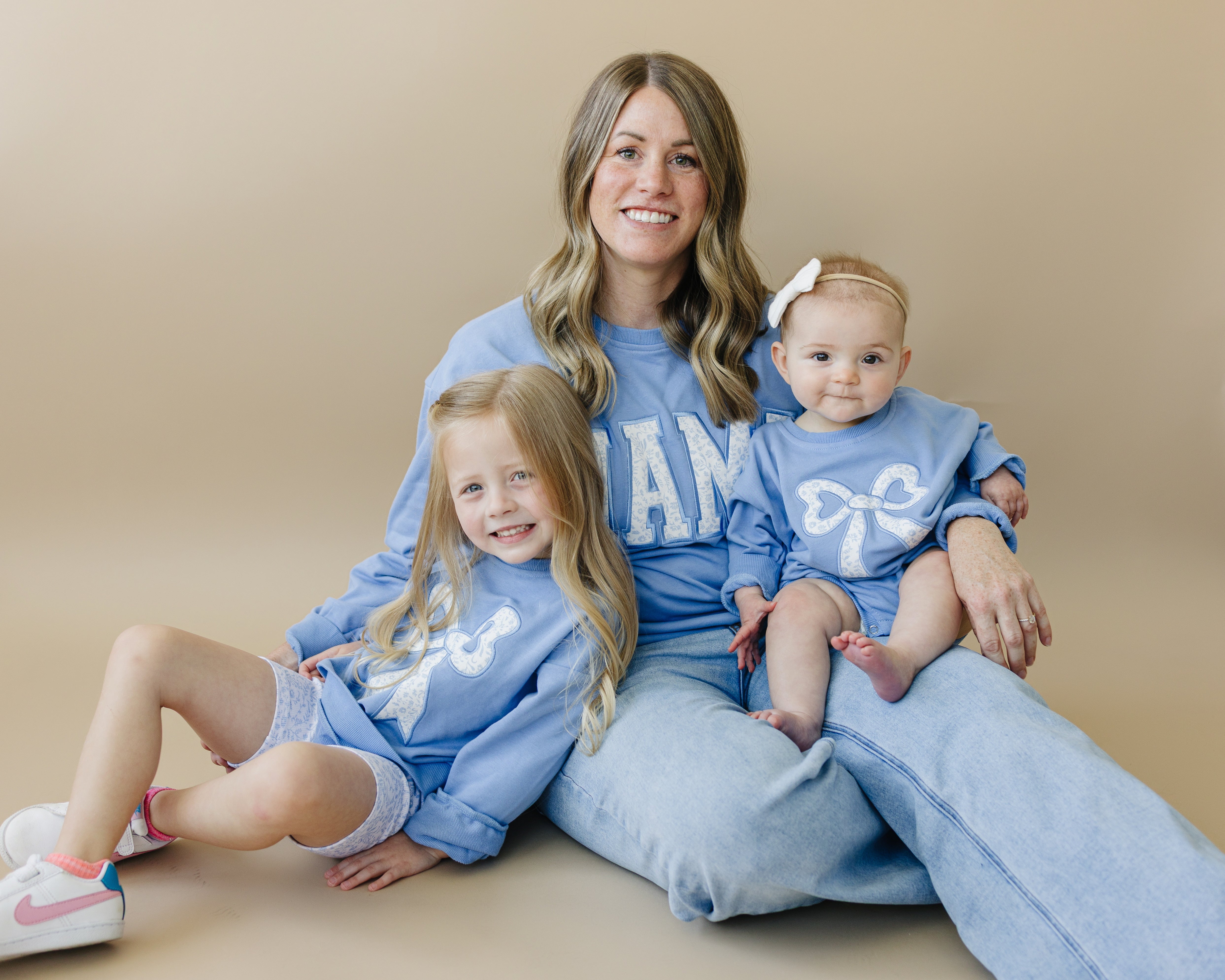 Blue Toile Applique Bow Sweatshirt Romper Or Crewneck