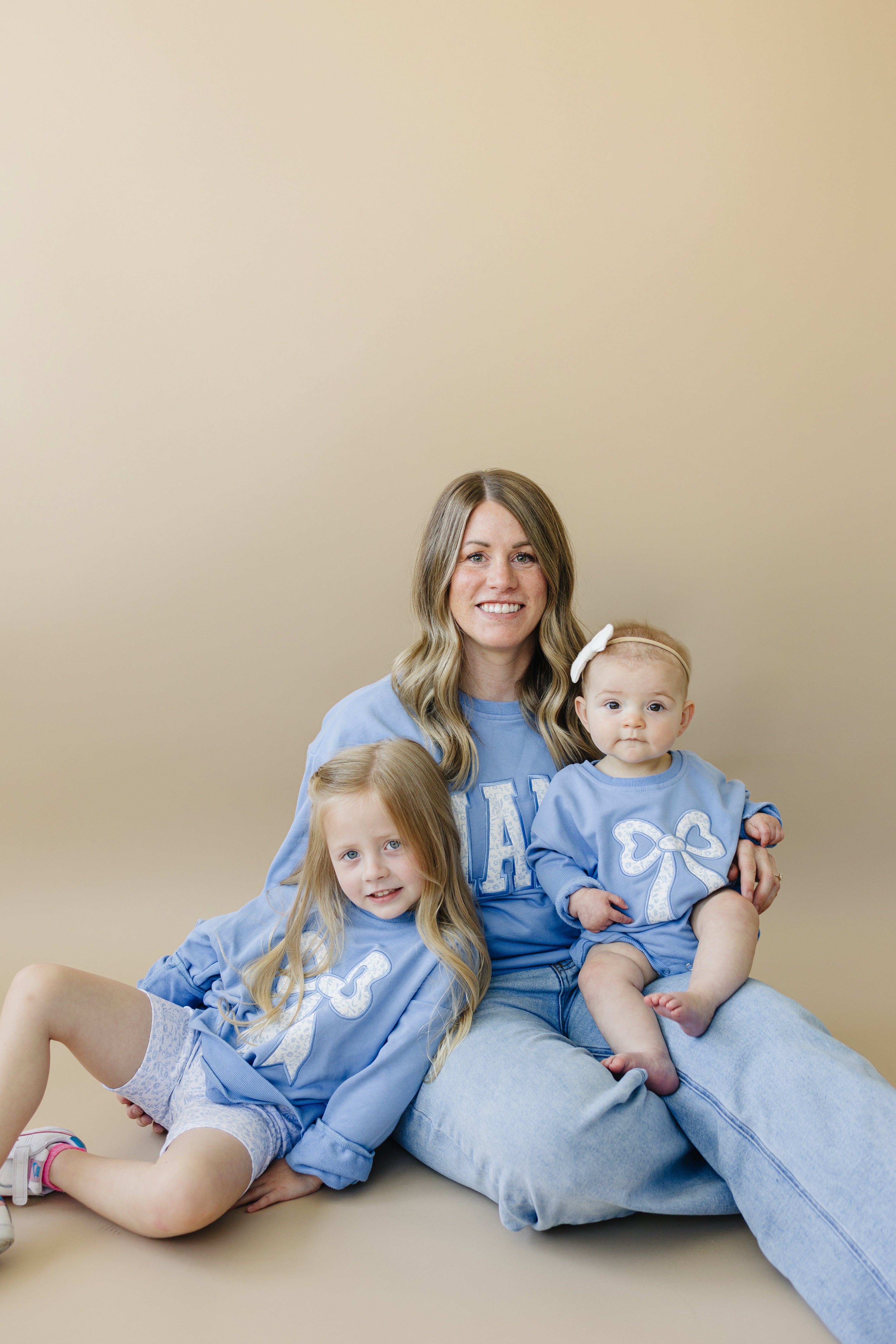 Blue Toile Applique Bow Sweatshirt Romper Or Crewneck