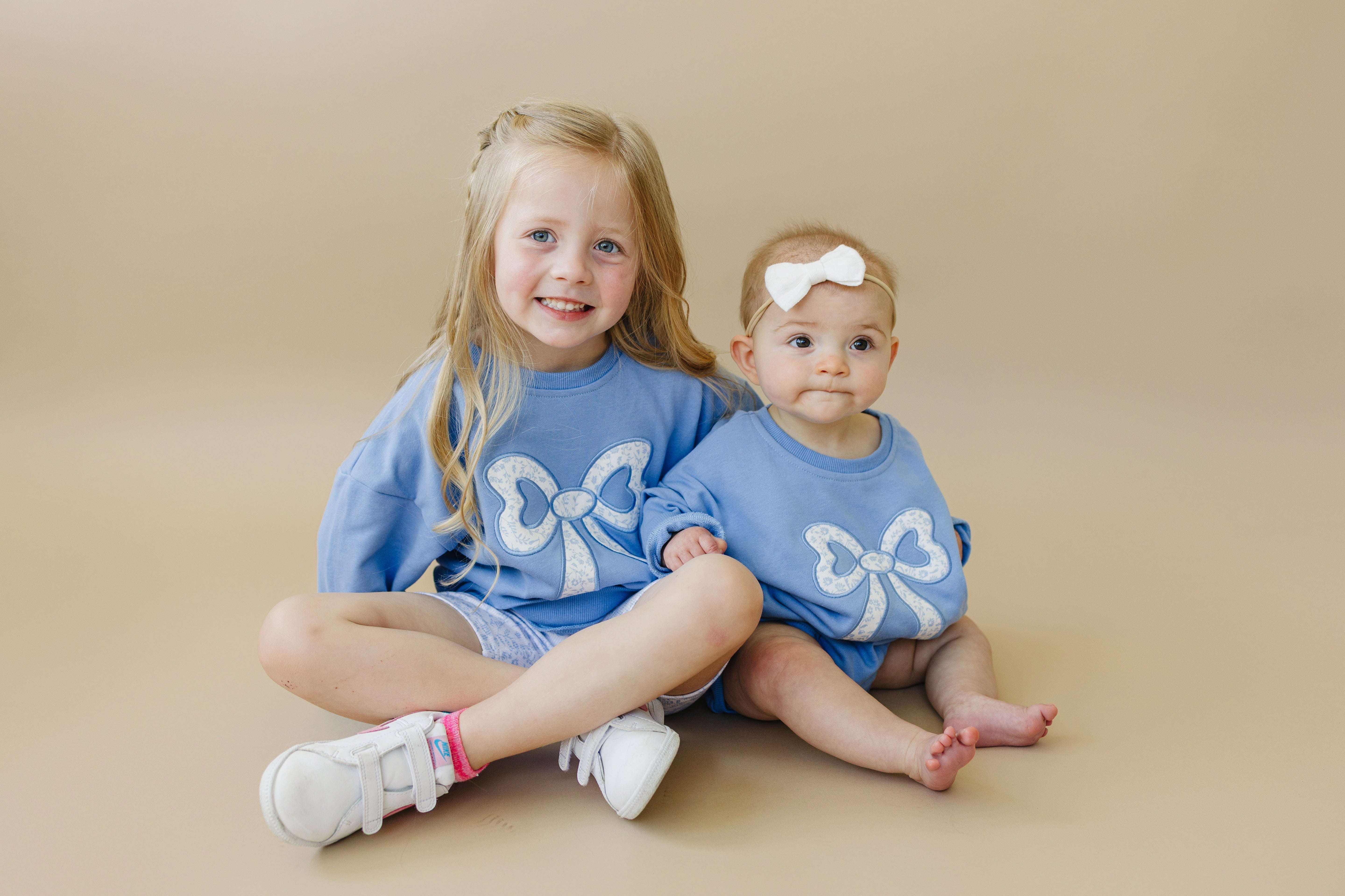 Blue Toile Applique Bow Sweatshirt Romper Or Crewneck