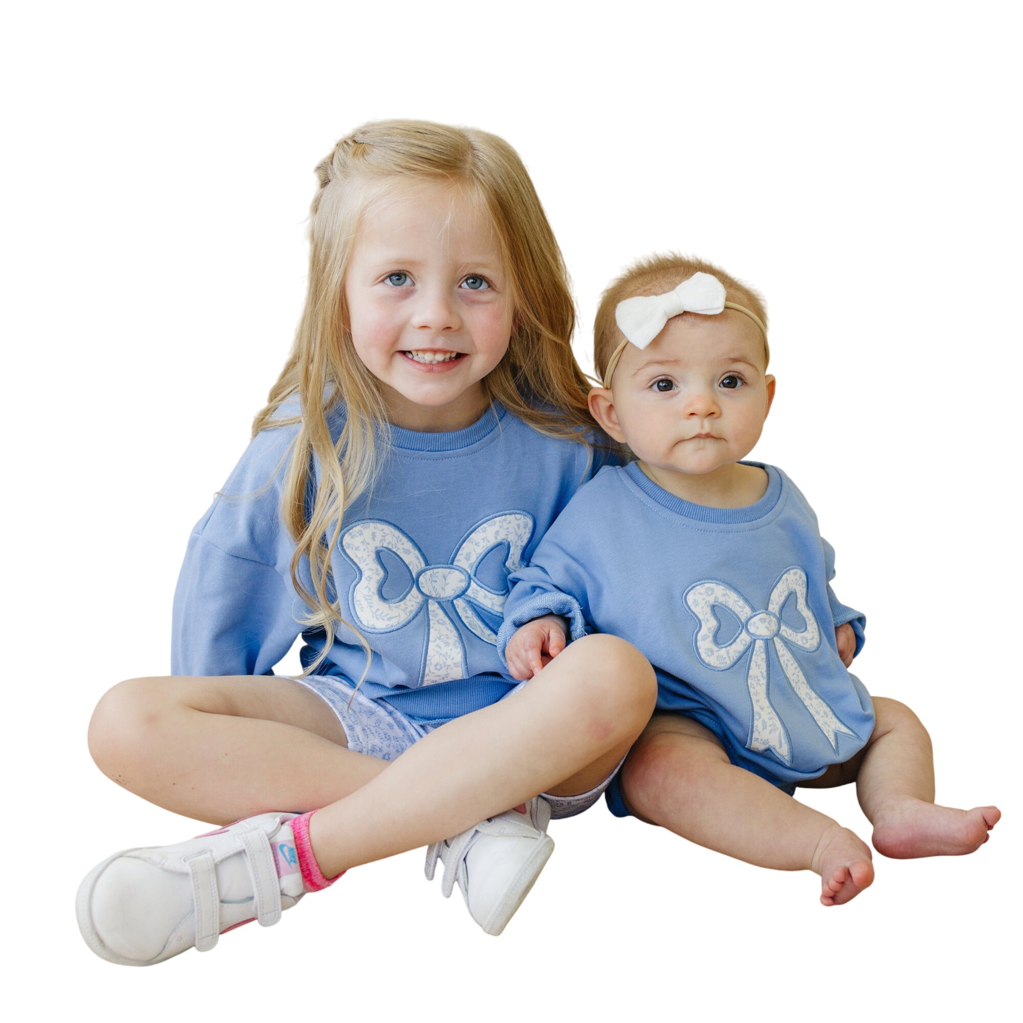 Blue Toile Applique Bow Sweatshirt Romper Or Crewneck