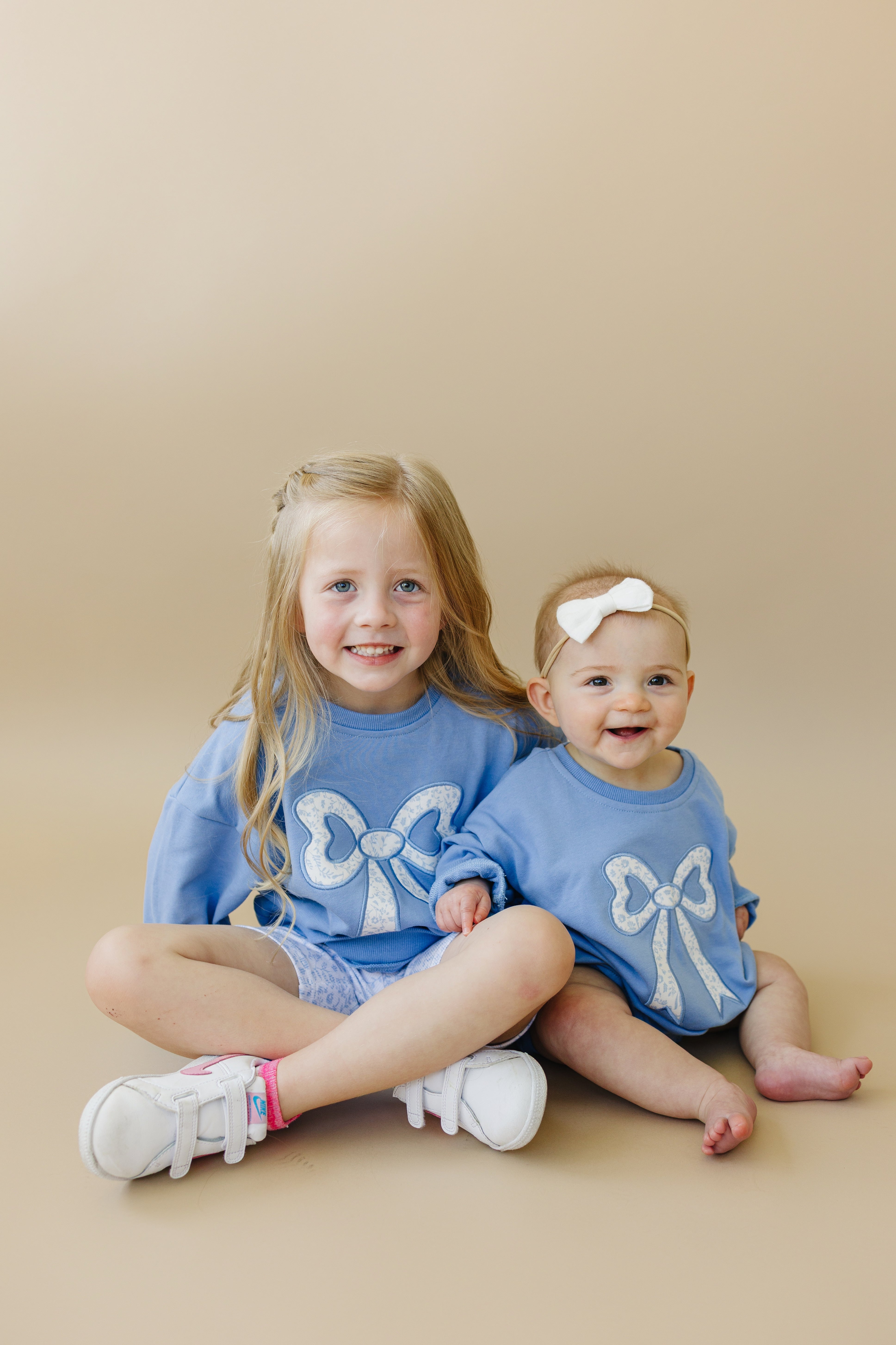 Blue Toile Applique Bow Sweatshirt Romper Or Crewneck