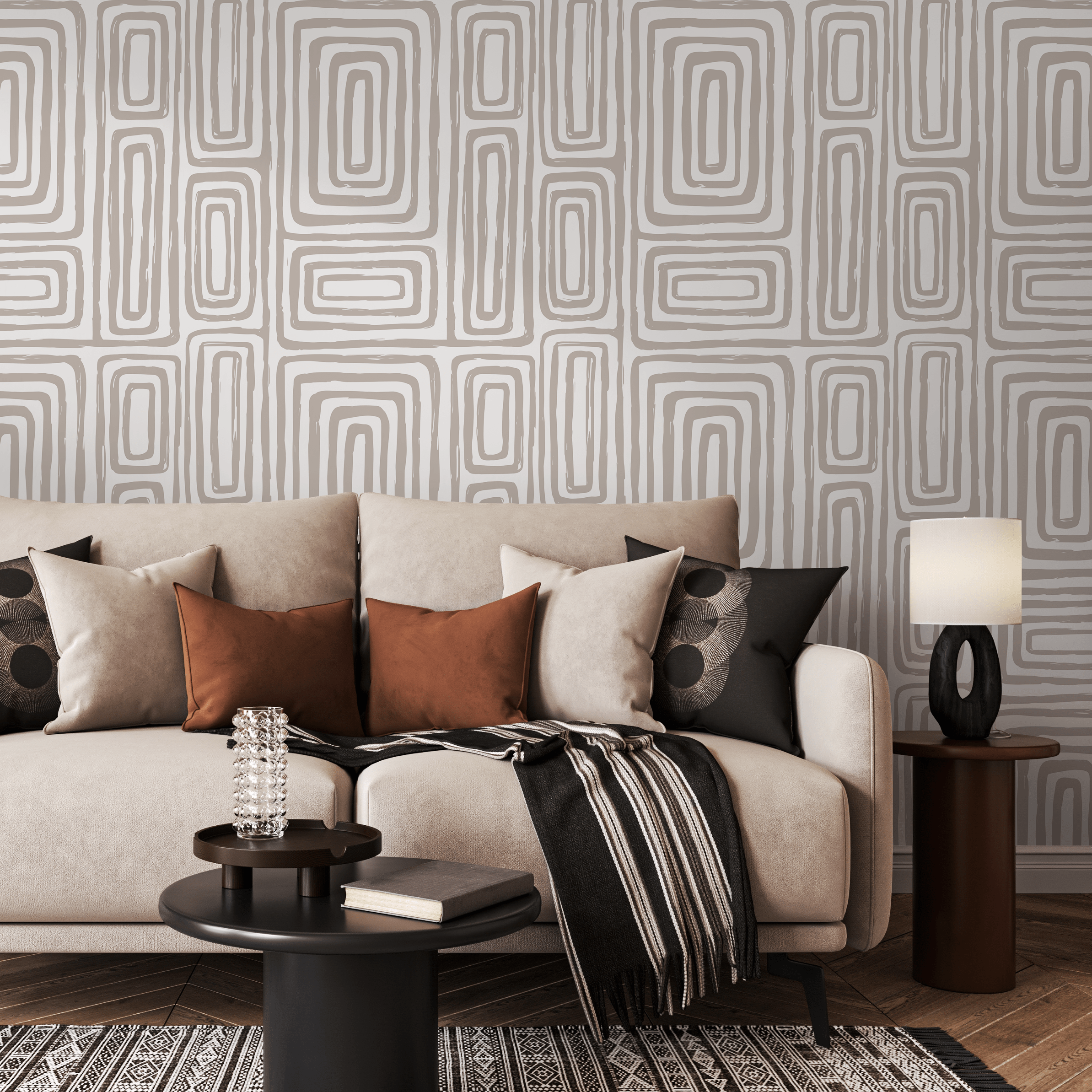 Abstract Wallpaper With A Brushed Labyrinth Motif In Beige And White - Zaaa