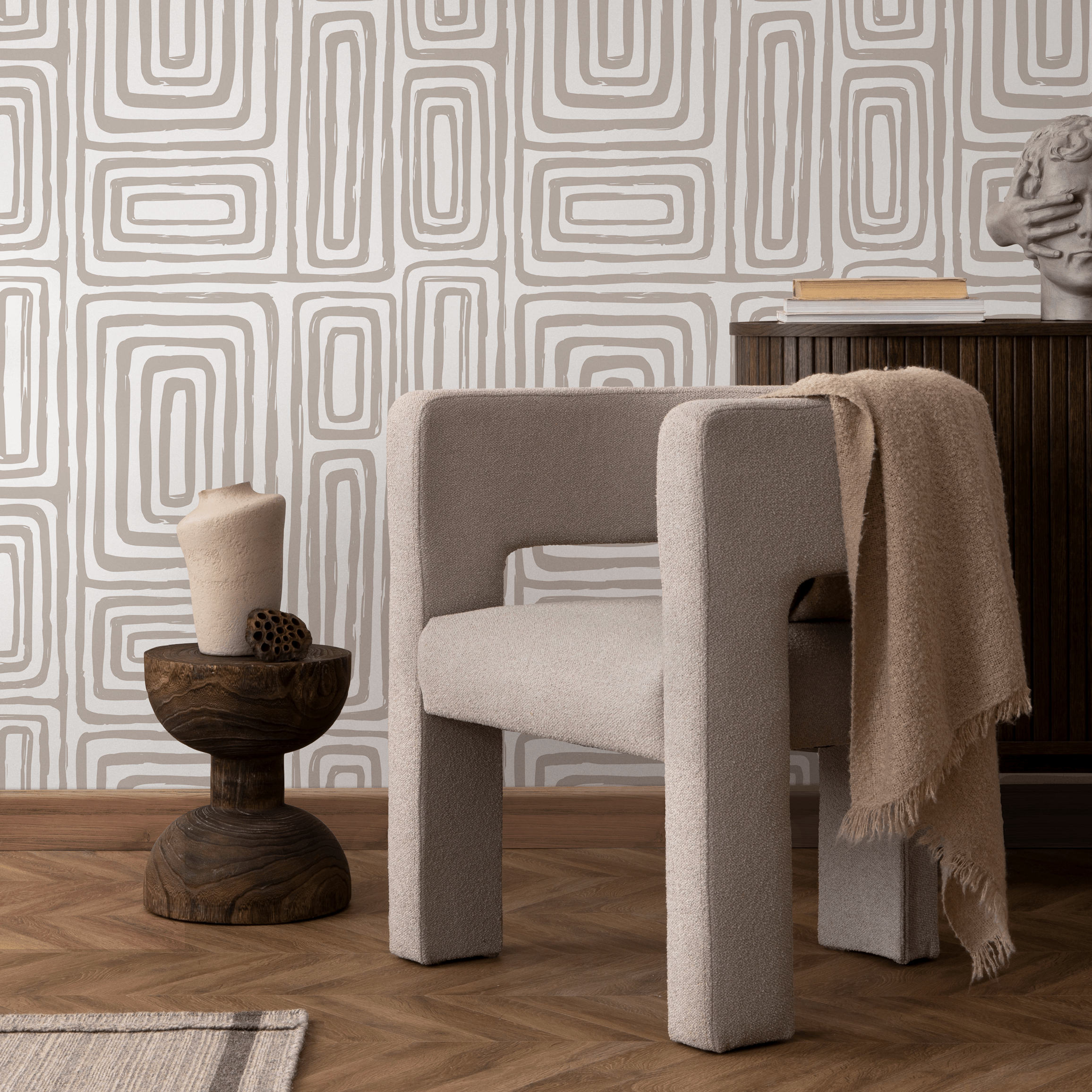Abstract Wallpaper With A Brushed Labyrinth Motif In Beige And White - Zaaa