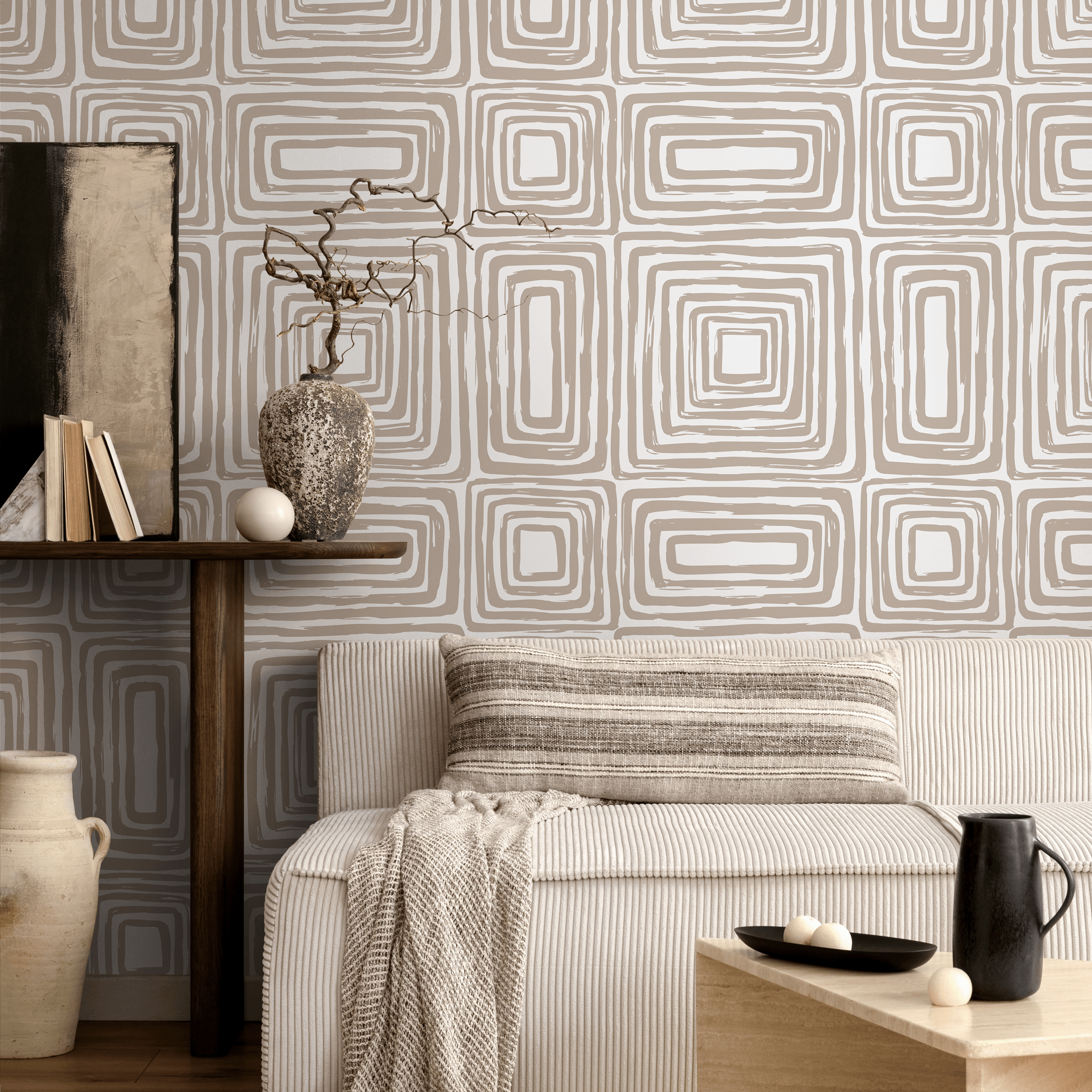 Abstract Wallpaper With A Brushed Labyrinth Motif In Warm Beige And White - Zaab