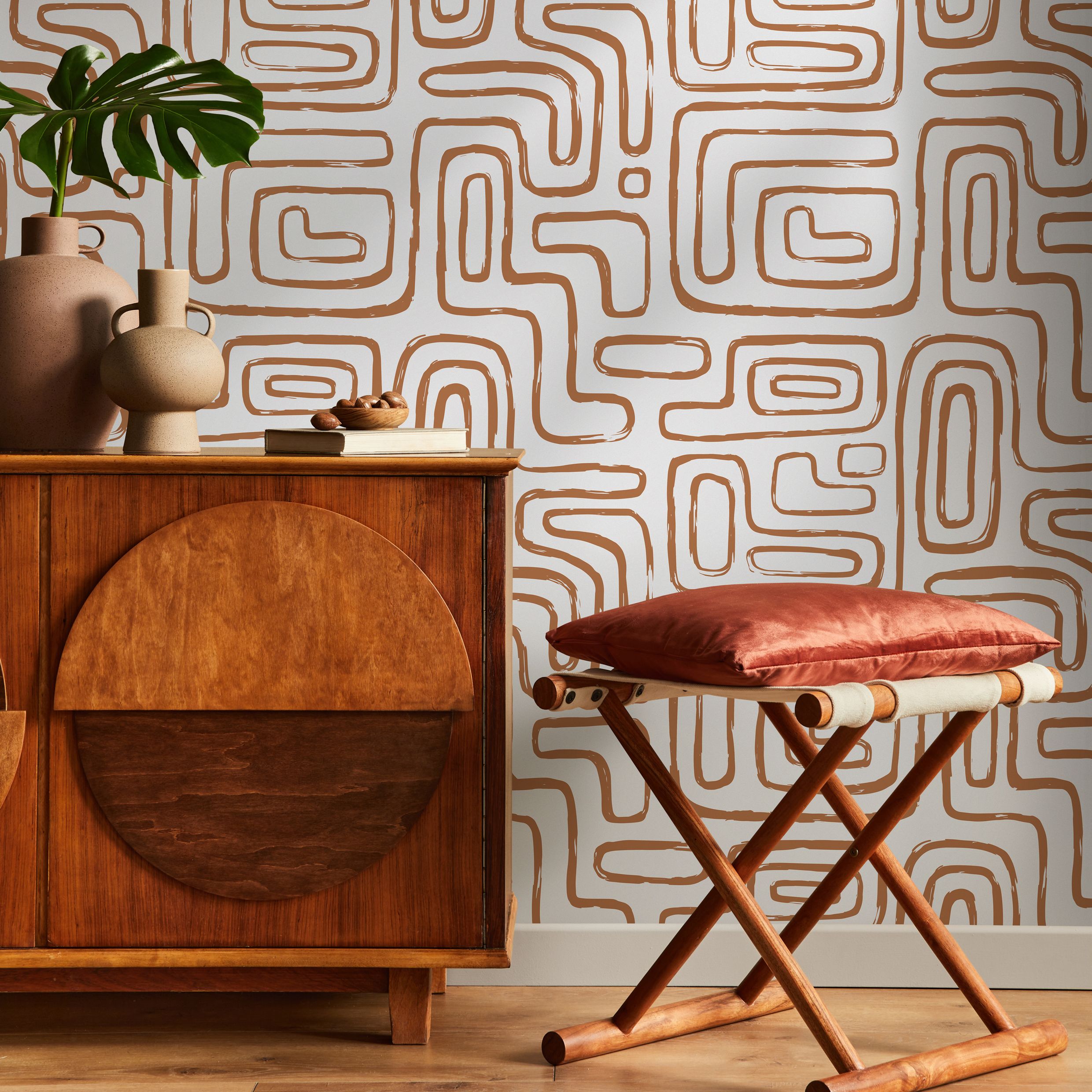 Abstract Wallpaper With Continuous Rounded Lines In Brown - Zaae