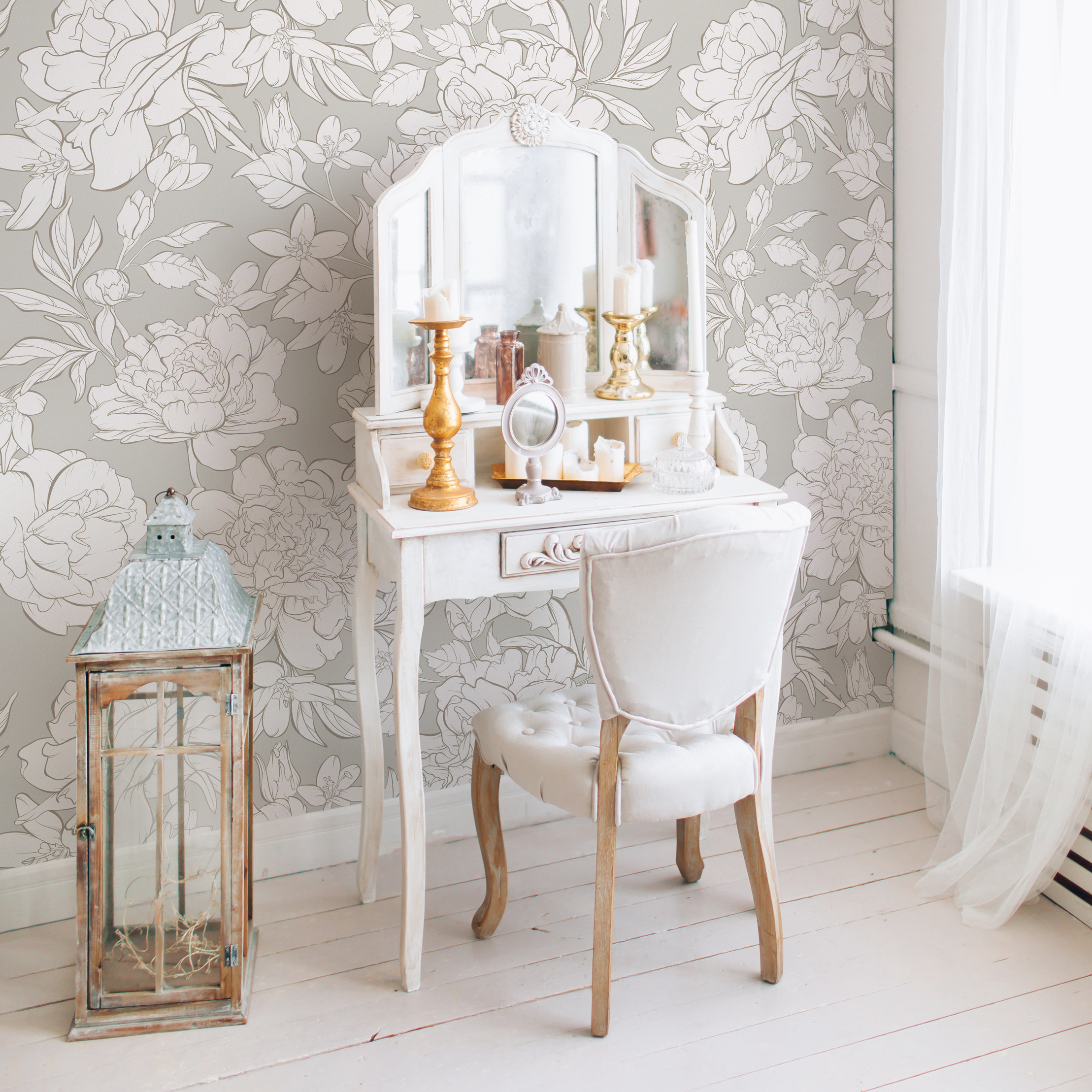 Floral Wallpaper With Peony And Blossom Outlines In Greige And Off-white - Zaam