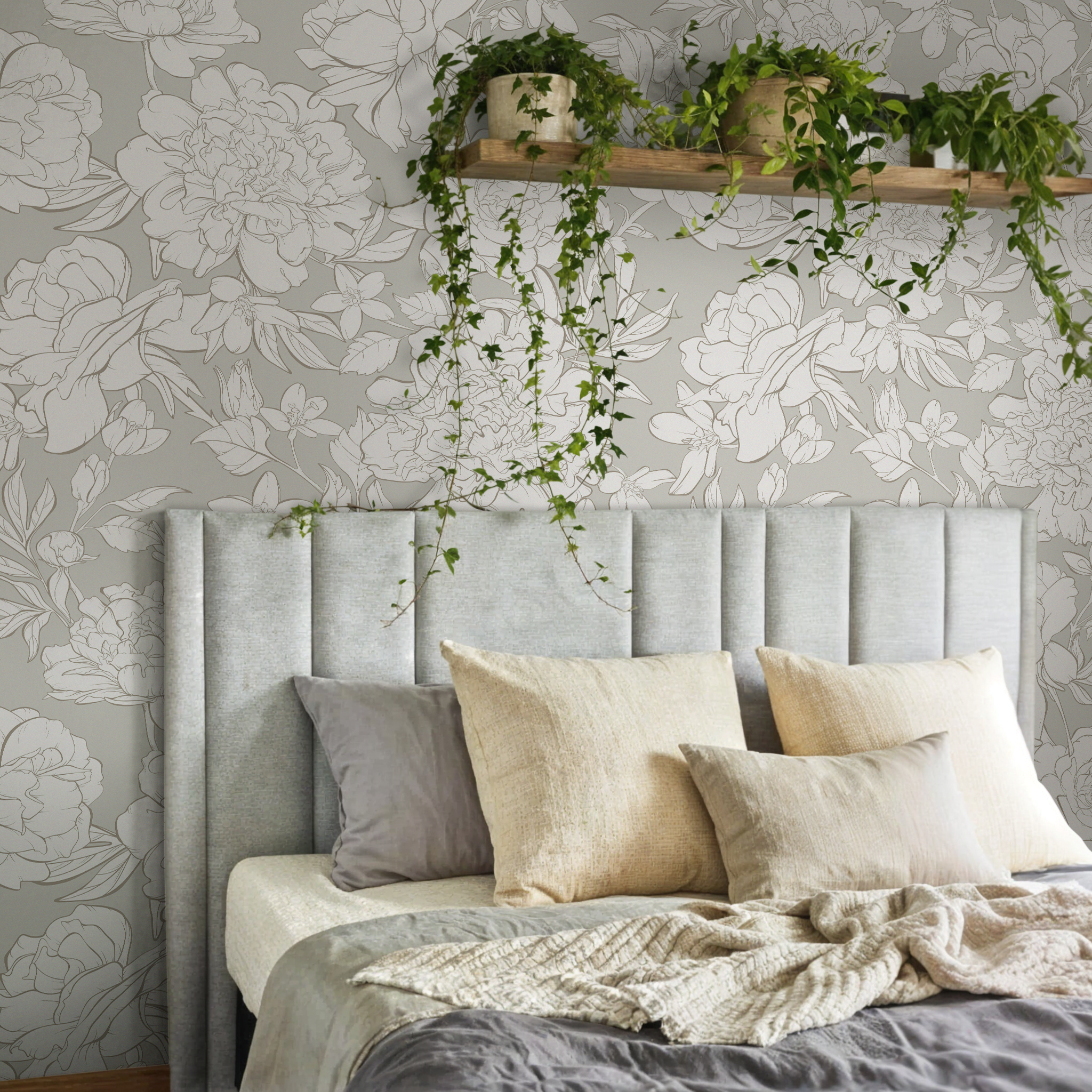Floral Wallpaper With Peony And Blossom Outlines In Greige And Off-white - Zaam