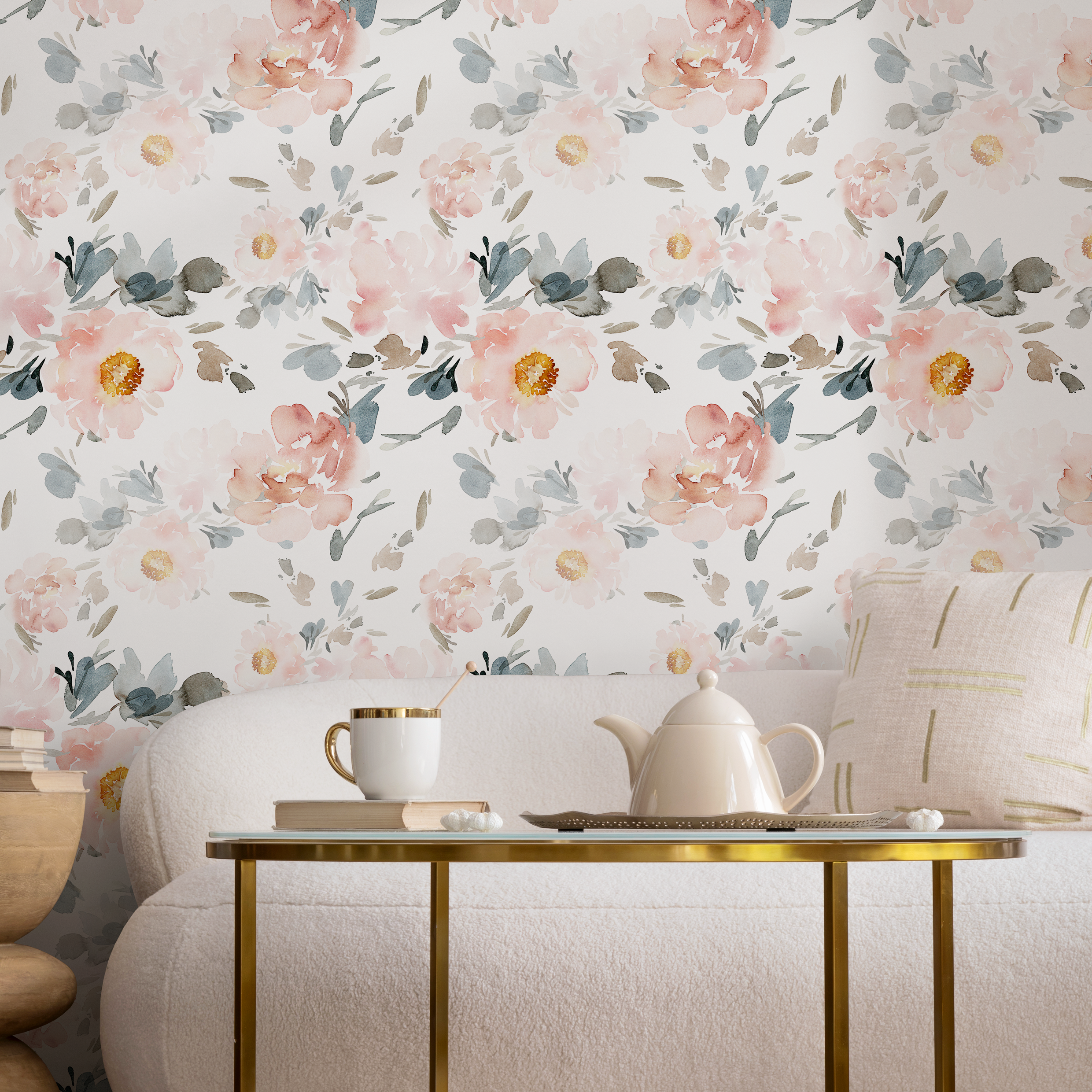 Floral Wallpaper With Large Watercolor Peonies In Pink, Blue, And Taupe - Zaan