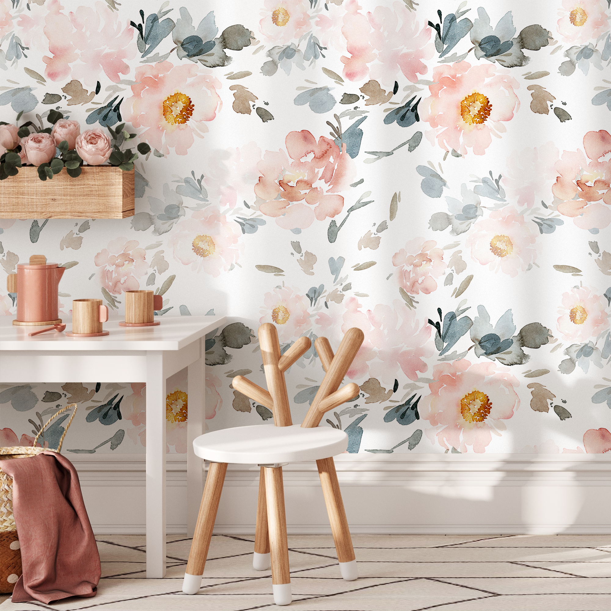 Floral Wallpaper With Large Watercolor Peonies In Pink, Blue, And Taupe - Zaan
