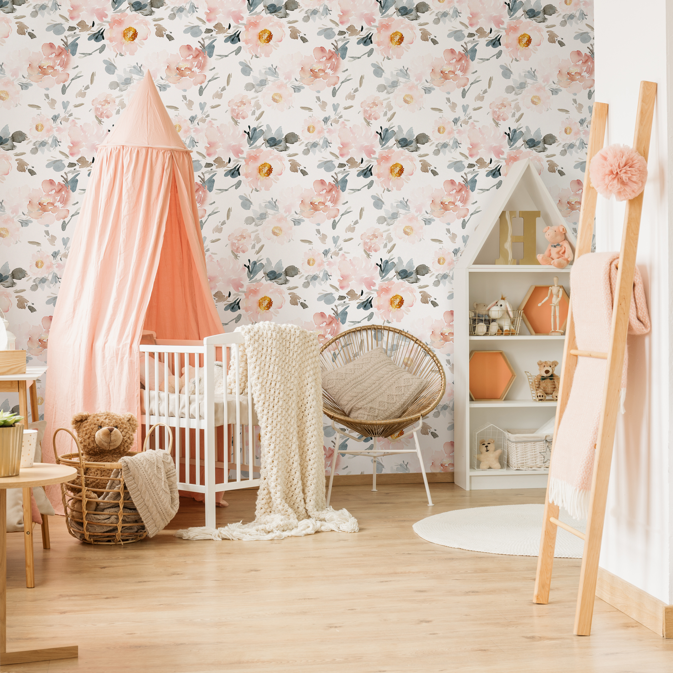 Floral Wallpaper With Large Watercolor Peonies In Pink, Blue, And Taupe - Zaan