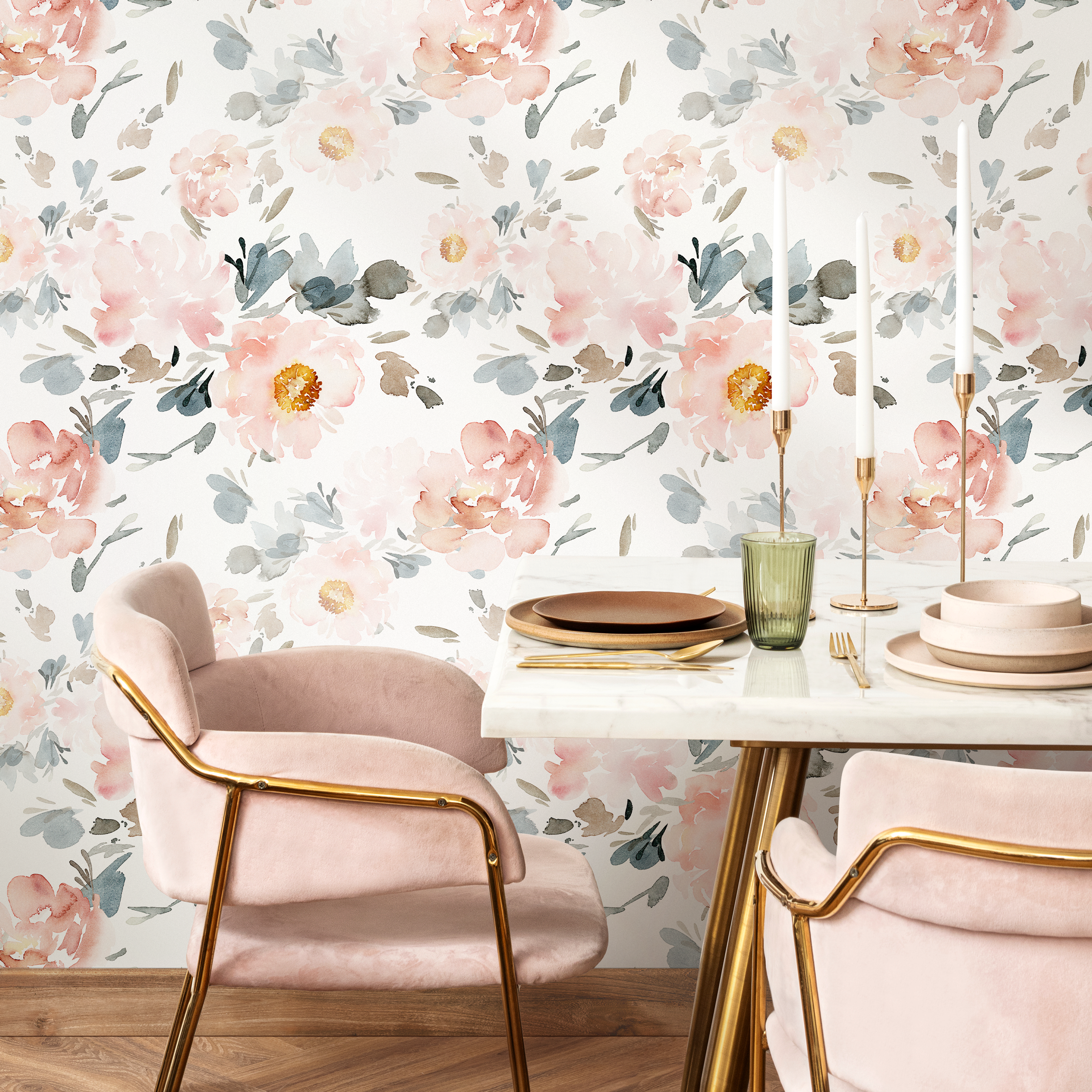 Floral Wallpaper With Large Watercolor Peonies In Pink, Blue, And Taupe - Zaan