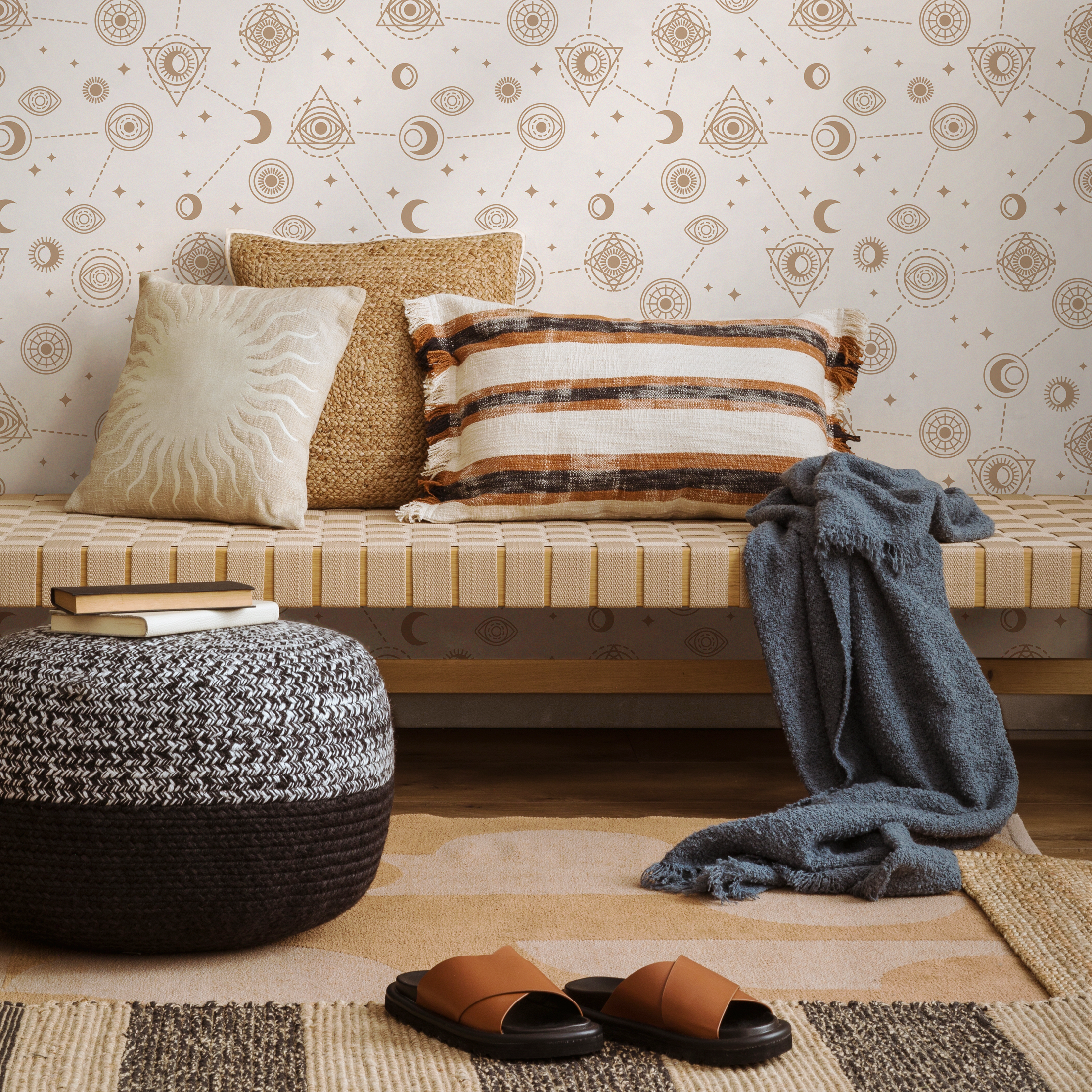 Celestial Wallpaper With Mystical Eye And Moon Motifs In Gold And Beige - Zaao