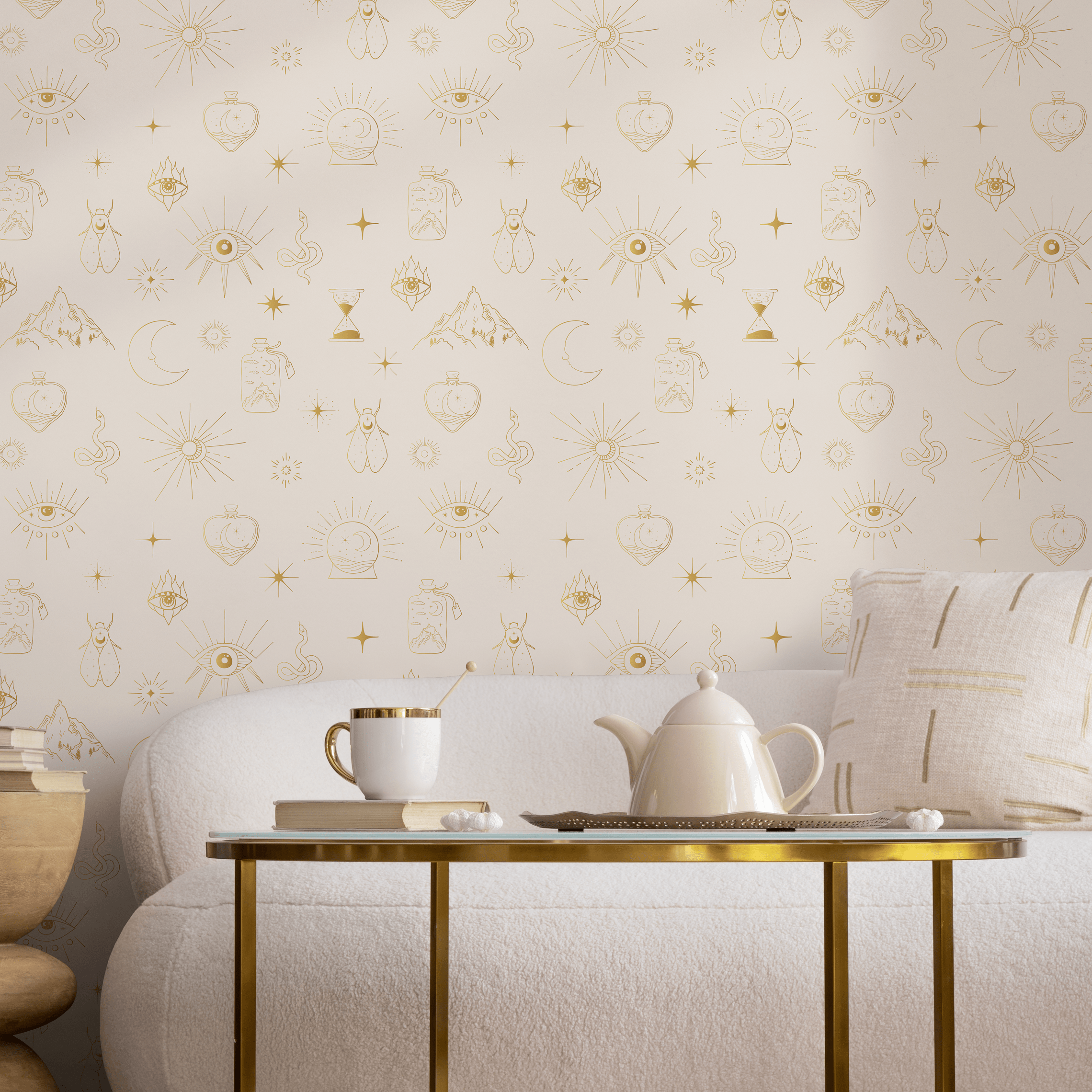 Mystical Wallpaper With Celestial Symbols In Gold - Zaap