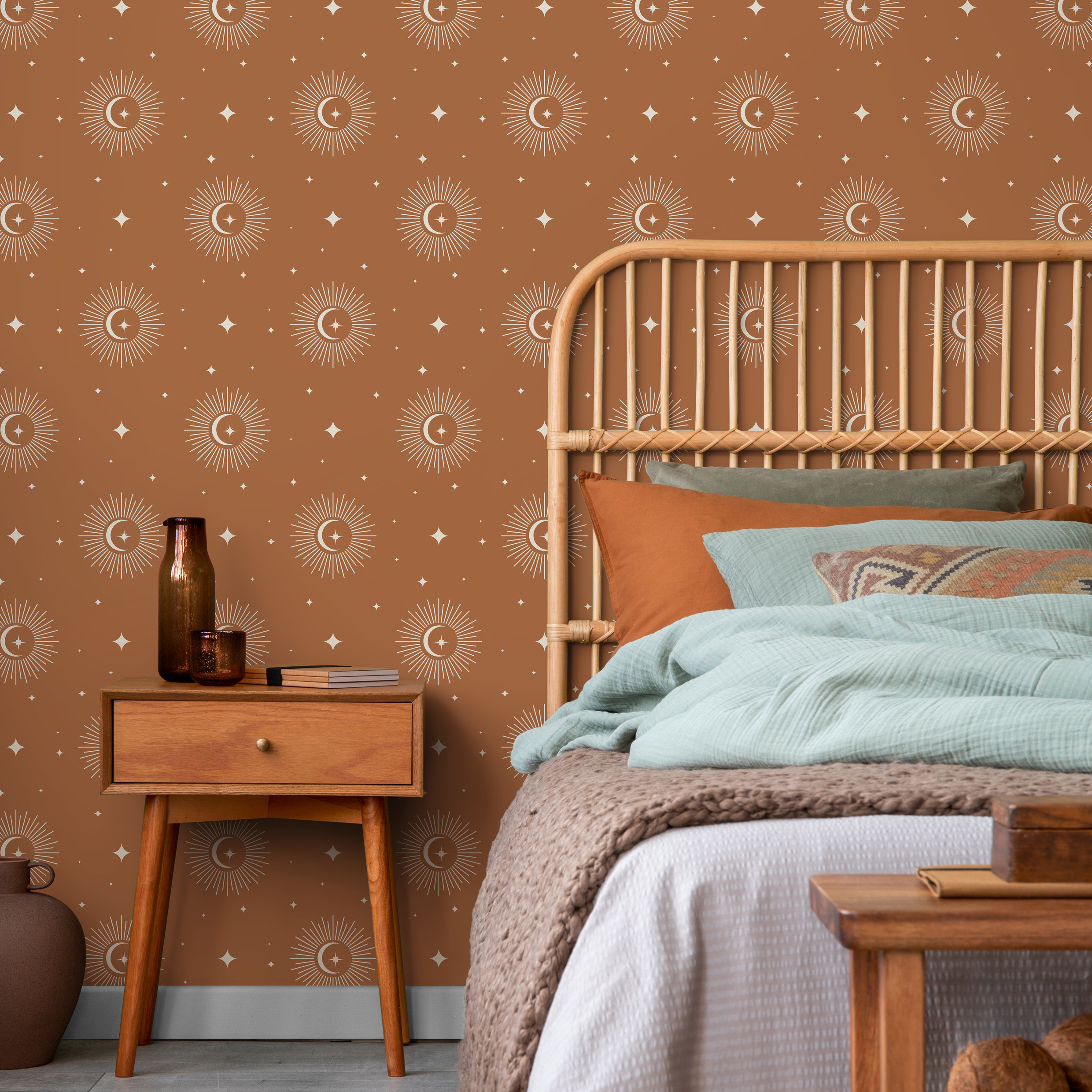 Celestial Wallpaper Featuring Suns And Moons In Terracotta And White - Zaar