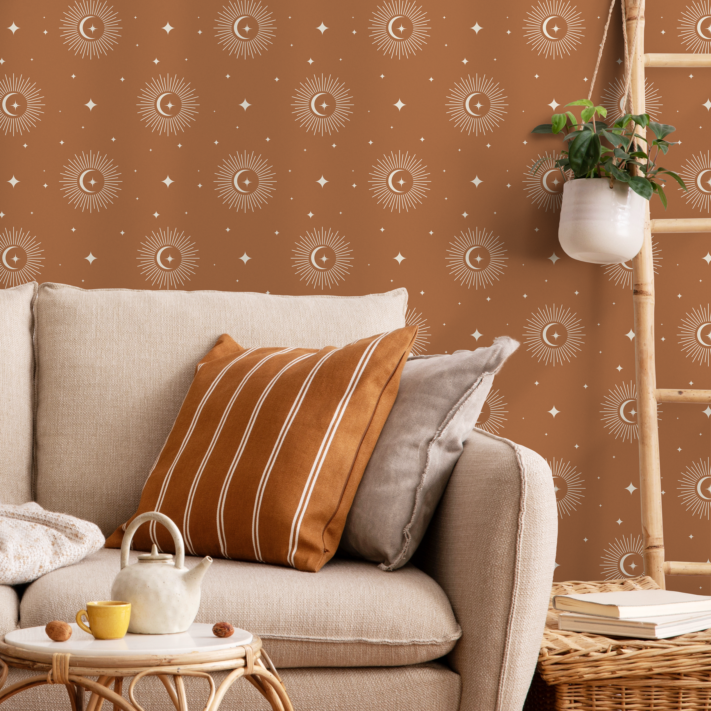 Celestial Wallpaper Featuring Suns And Moons In Terracotta And White - Zaar
