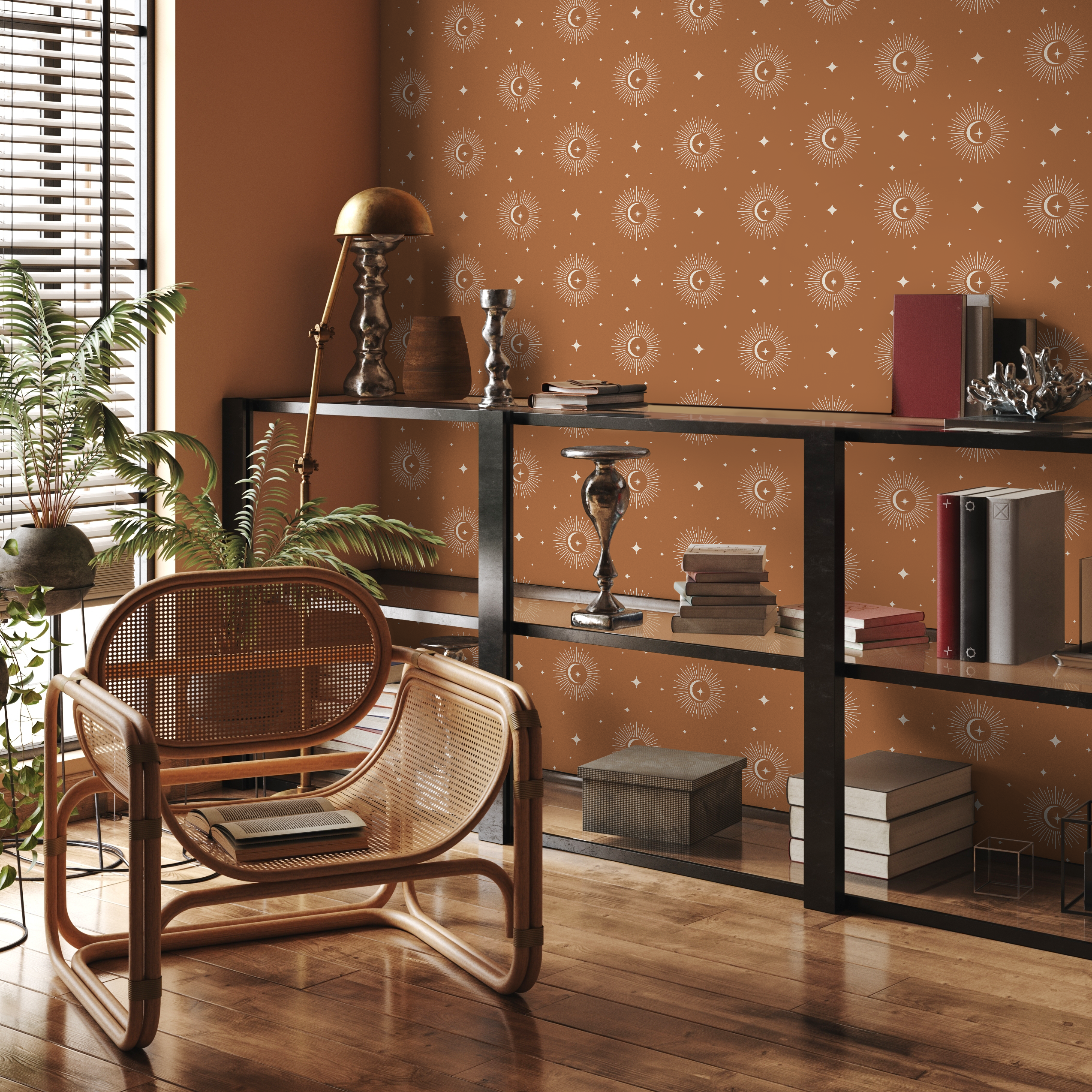 Celestial Wallpaper Featuring Suns And Moons In Terracotta And White - Zaar
