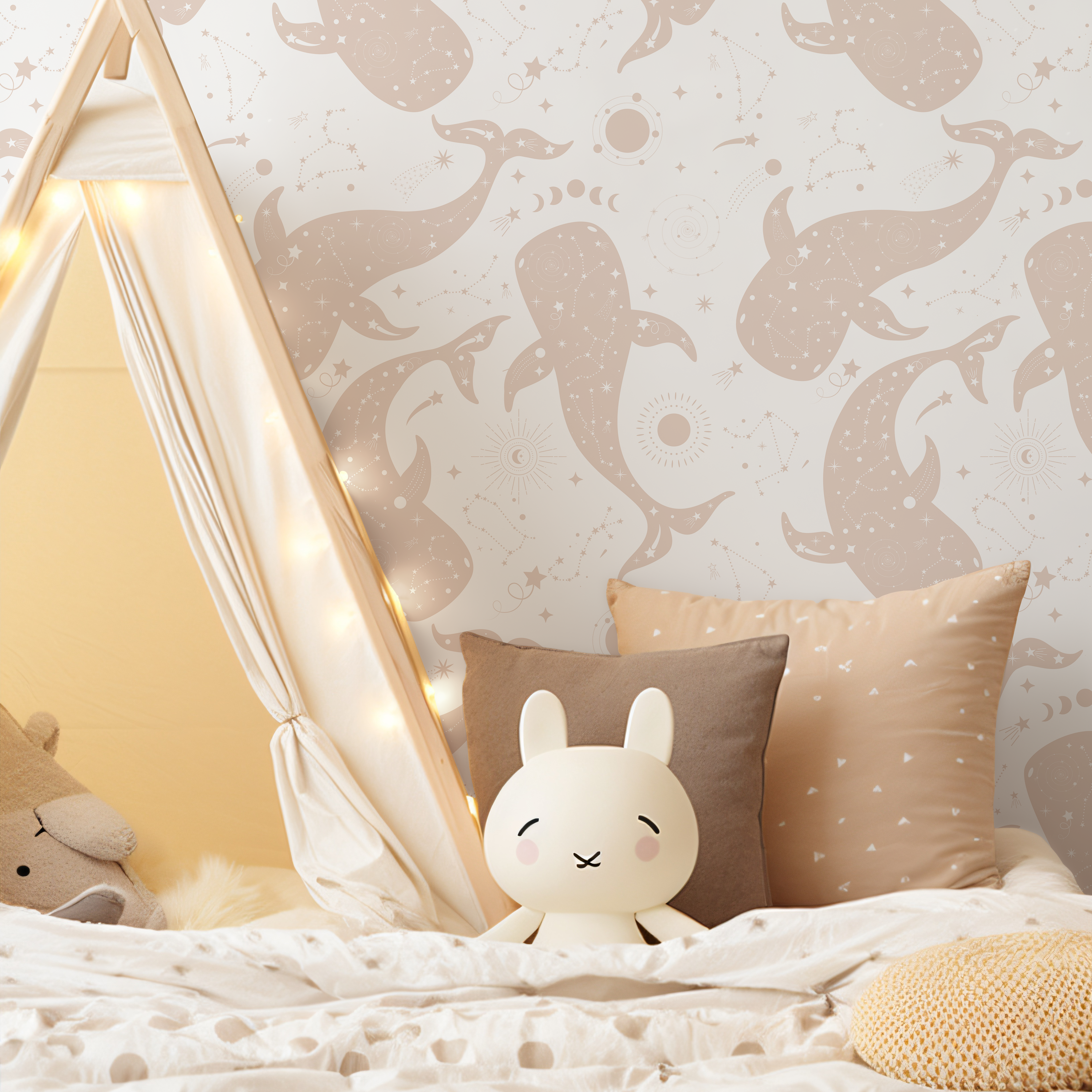 Celestial Wallpaper With Cosmic Whales And Constellations In Beige - Zaas
