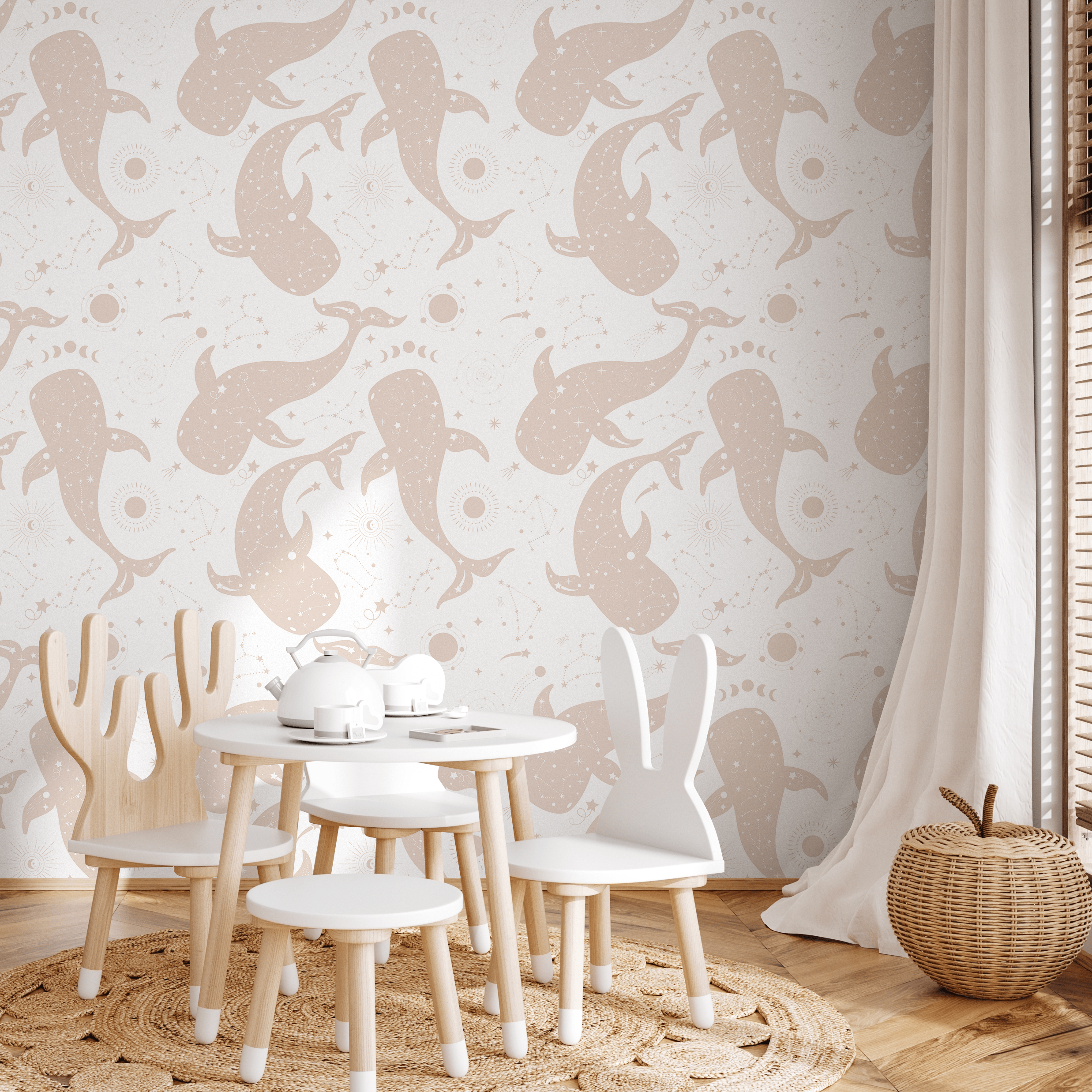 Celestial Wallpaper With Cosmic Whales And Constellations In Beige - Zaas