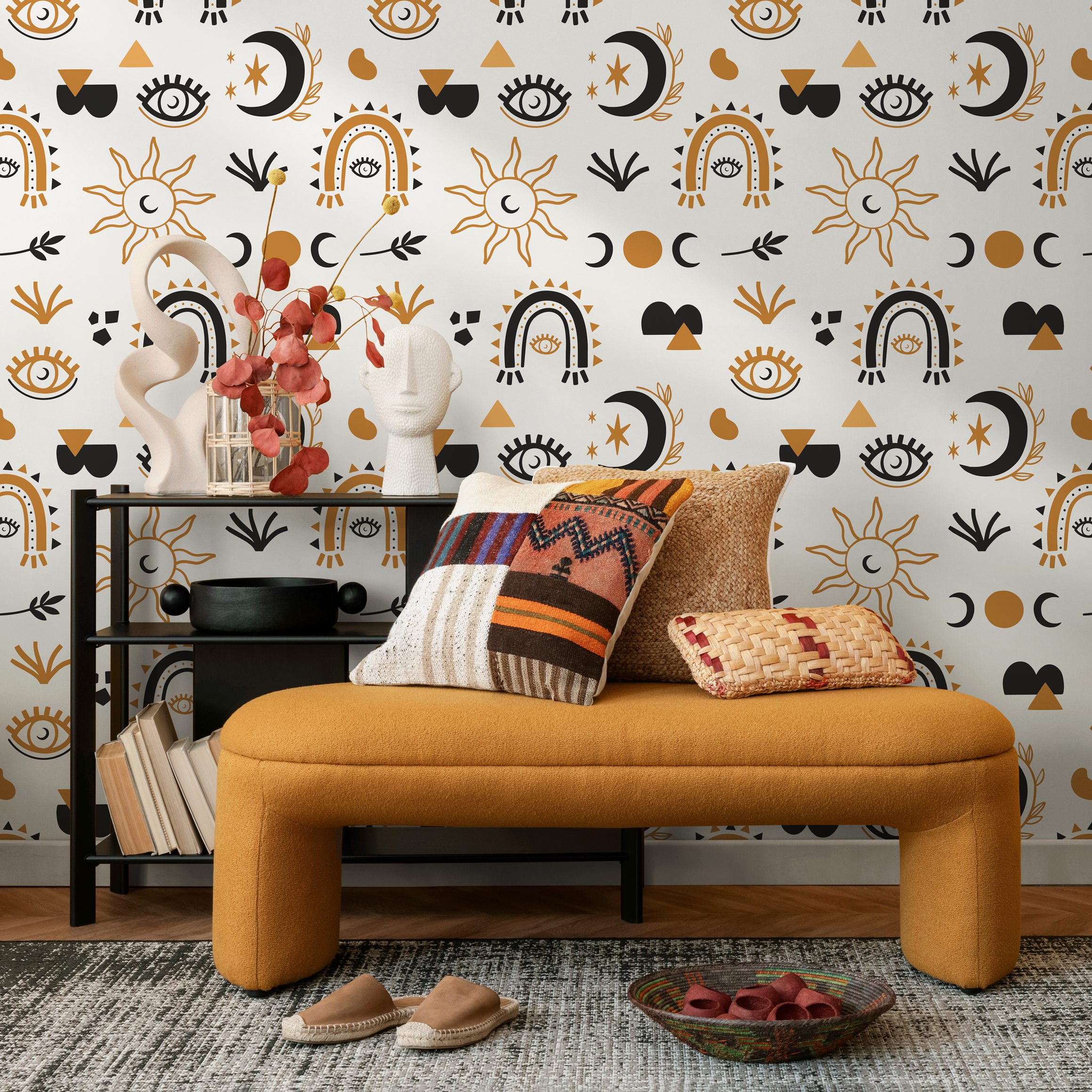 Celestial Wallpaper With Mystical Sun And Moon Motifs In Black And Gold - Zaat