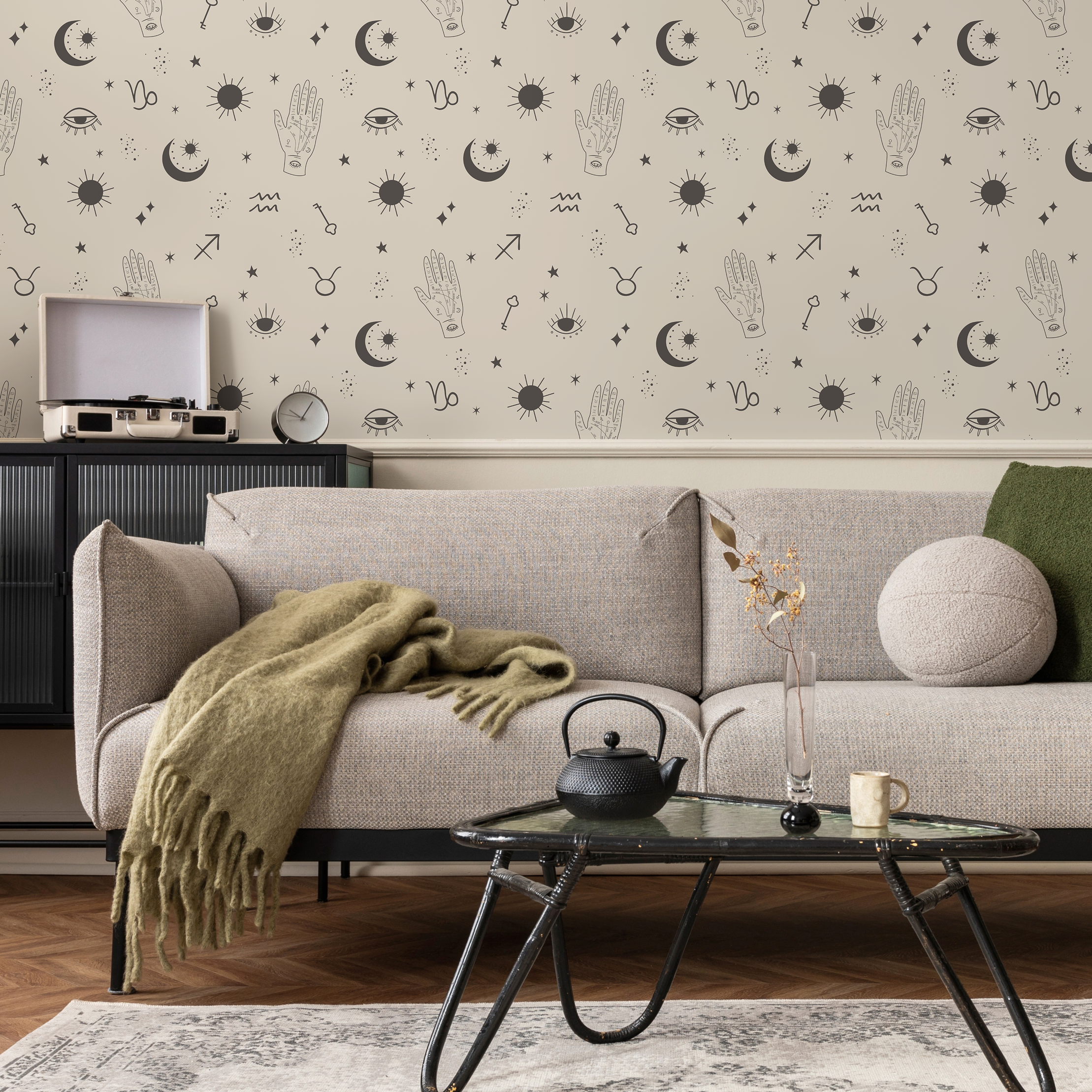Celestial Wallpaper With Zodiac And Mystical Symbols In Charcoal And Beige - Zaau