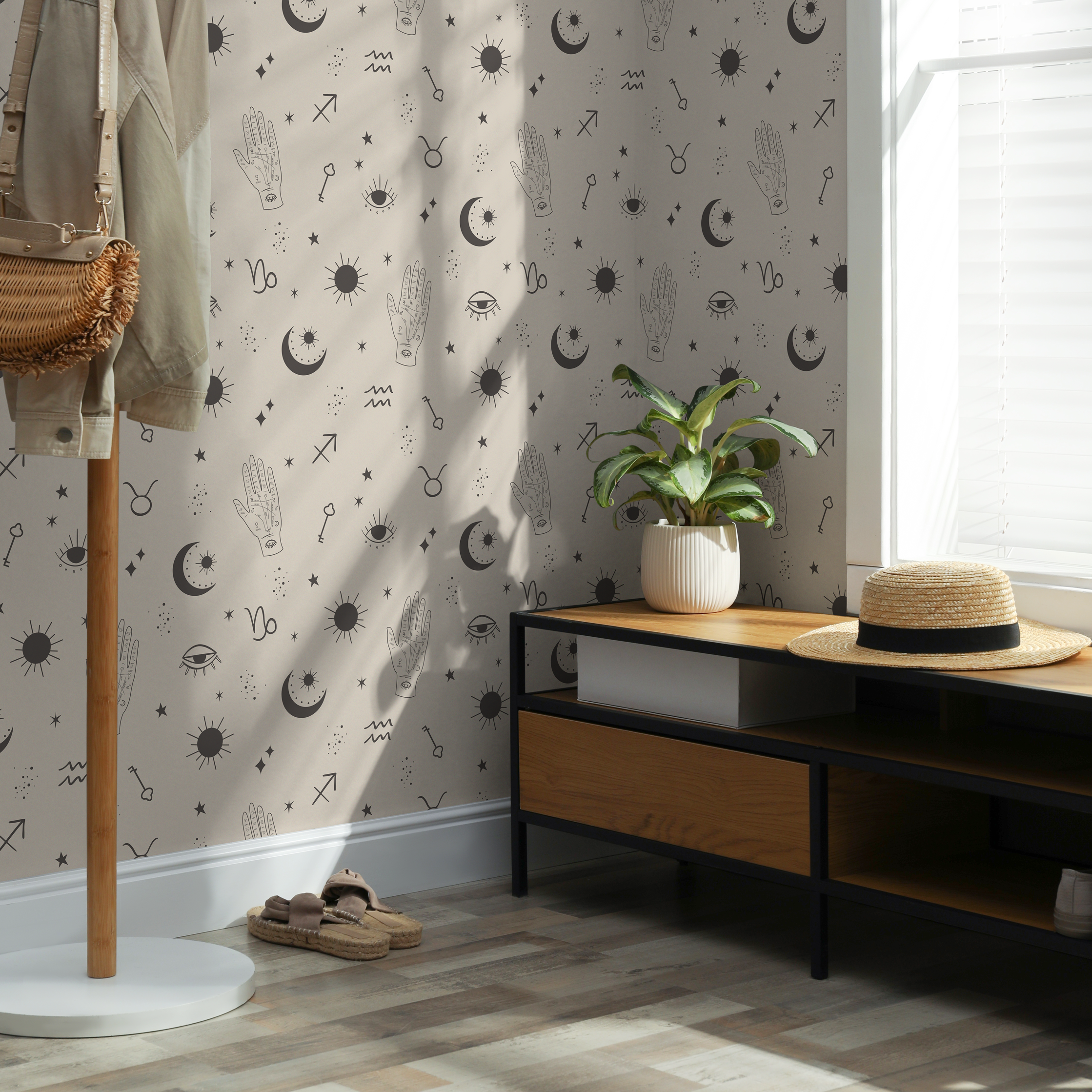 Celestial Wallpaper With Zodiac And Mystical Symbols In Charcoal And Beige - Zaau