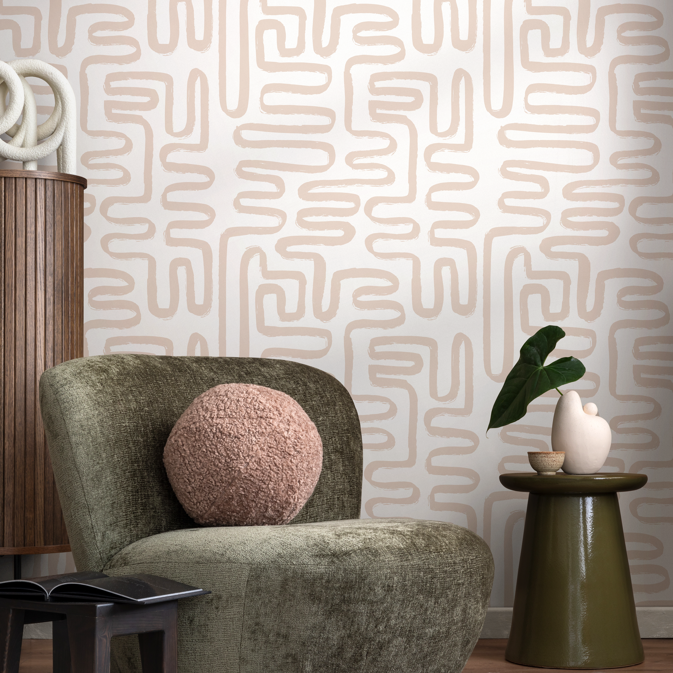 Seamless Rounded Lines Wallpaper Peel And Stick Removable Repositionable Neutral Minimalist Light Abstract Brush Strokes Boho Moderne - Zaaw