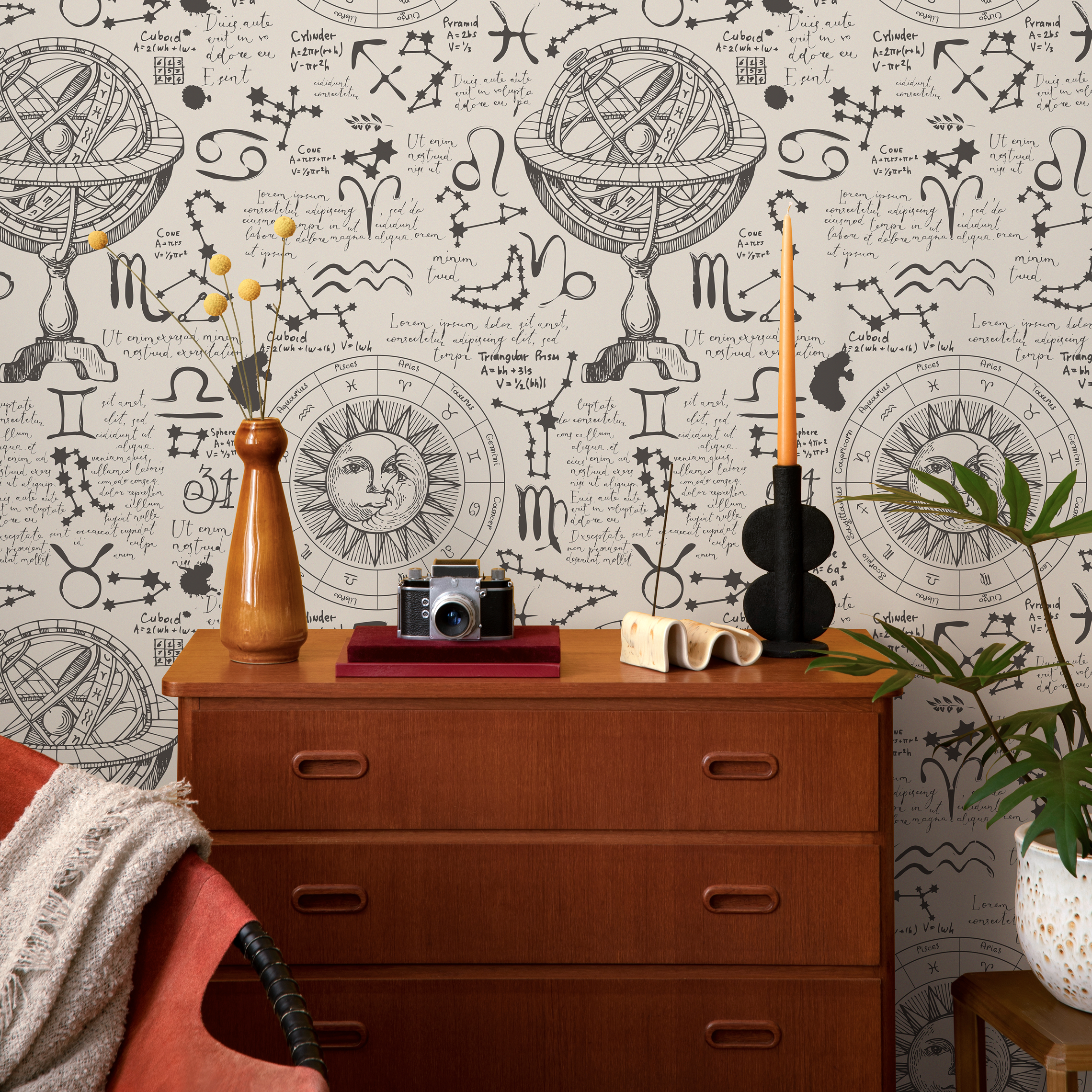 Astrology Wallpaper With Vintage Celestial Sketches In Black And Cream - Zaax