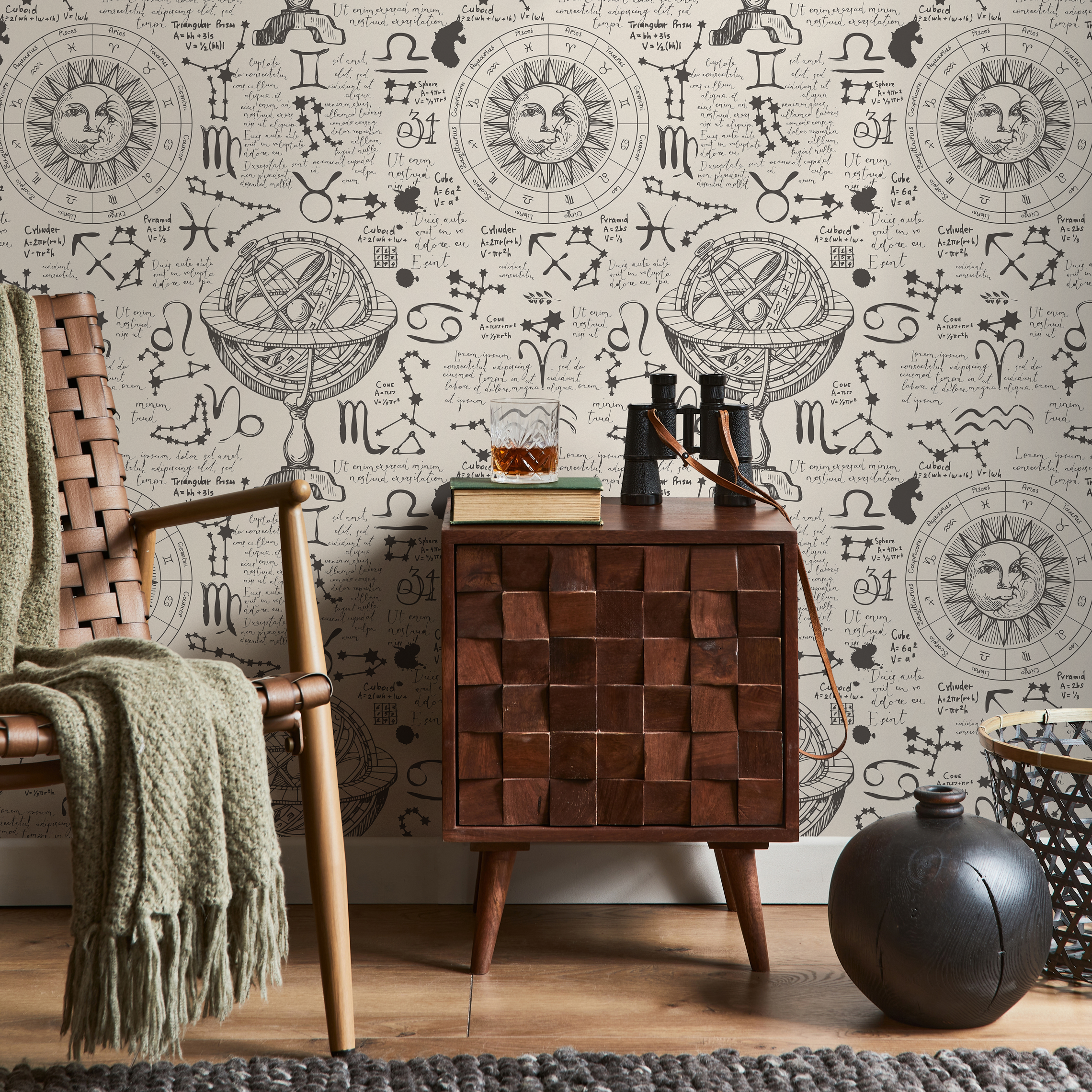 Astrology Wallpaper With Vintage Celestial Sketches In Black And Cream - Zaax