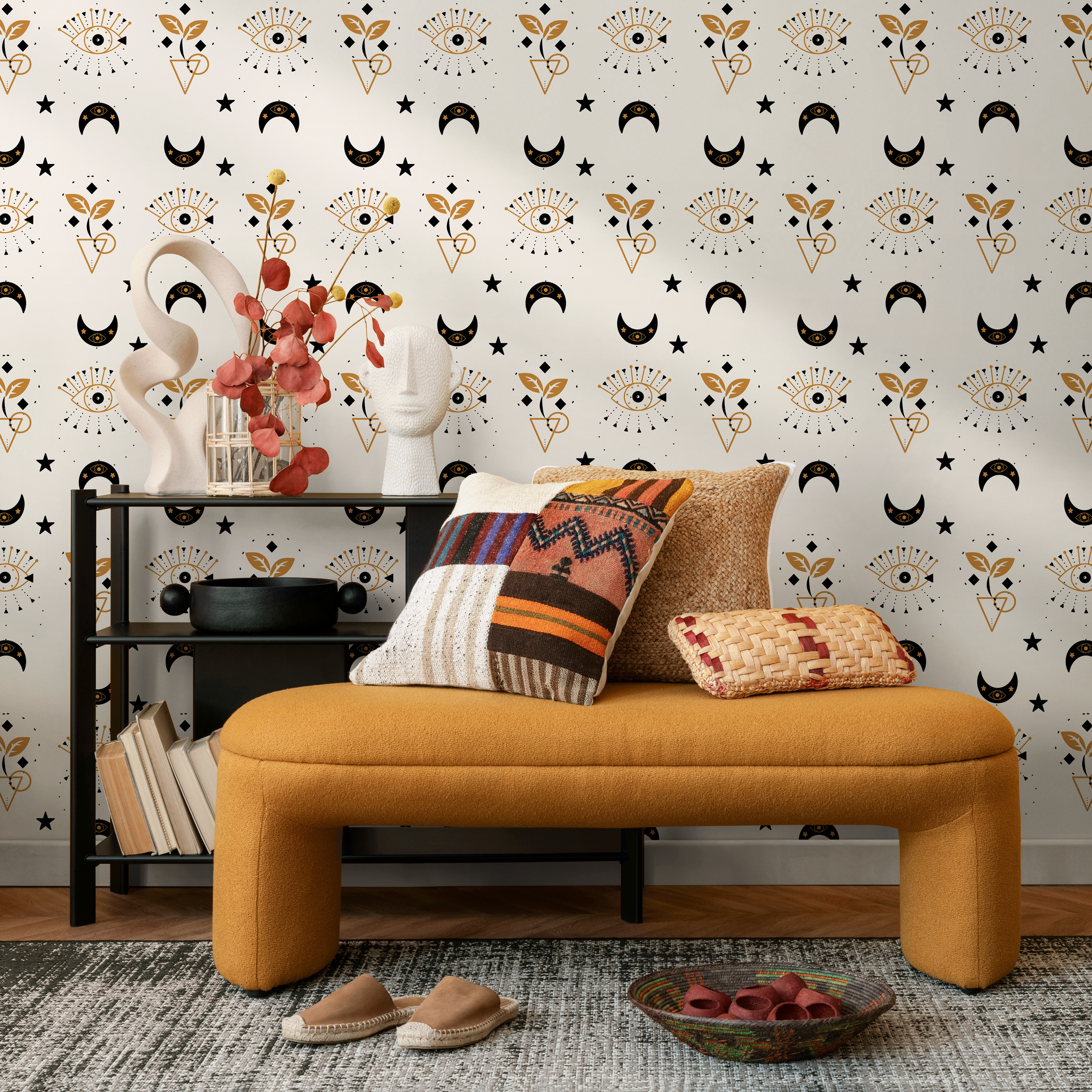 Mystical Wallpaper With Celestial Moons And All-seeing Eyes In Black And Gold - Zaay