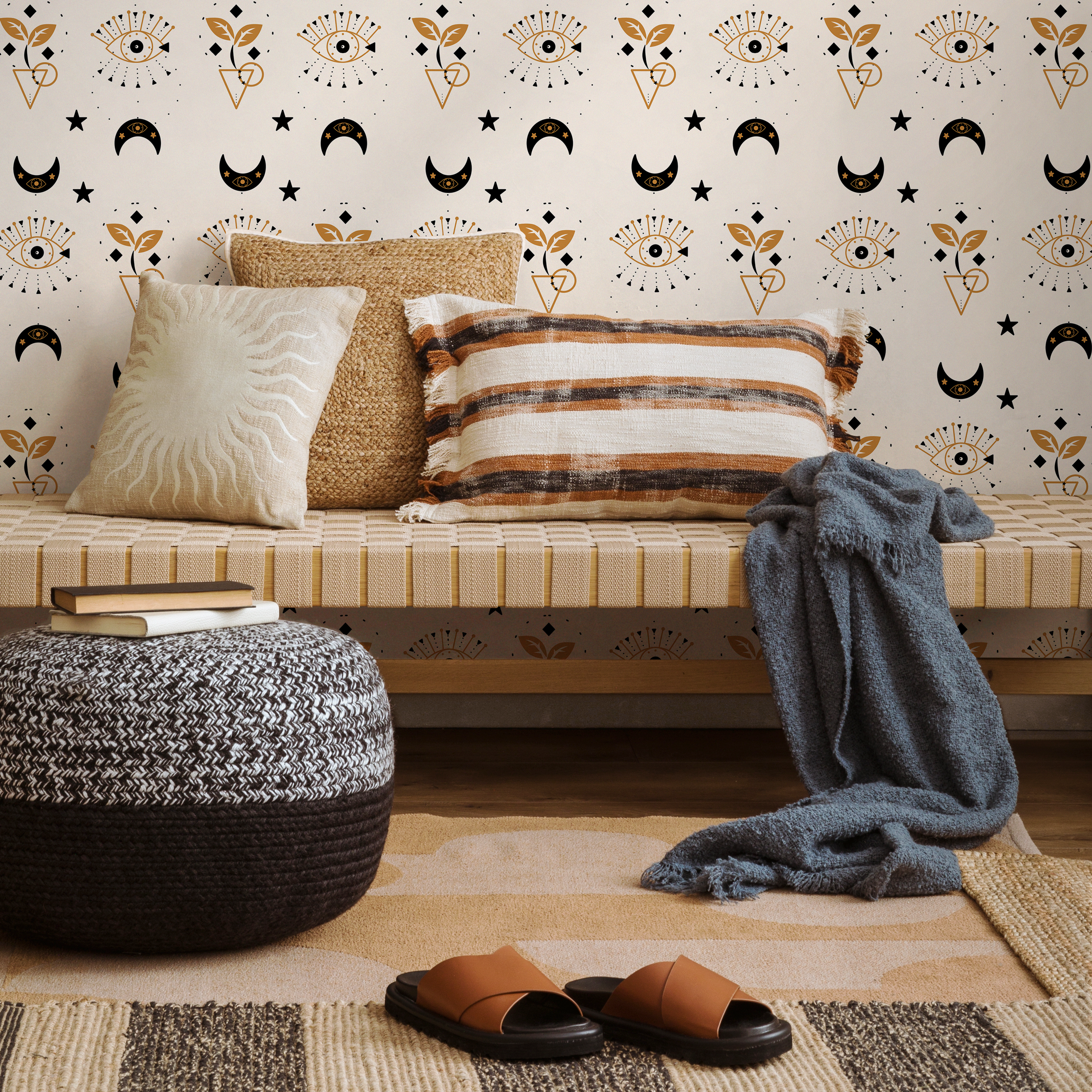 Mystical Wallpaper With Celestial Moons And All-seeing Eyes In Black And Gold - Zaay