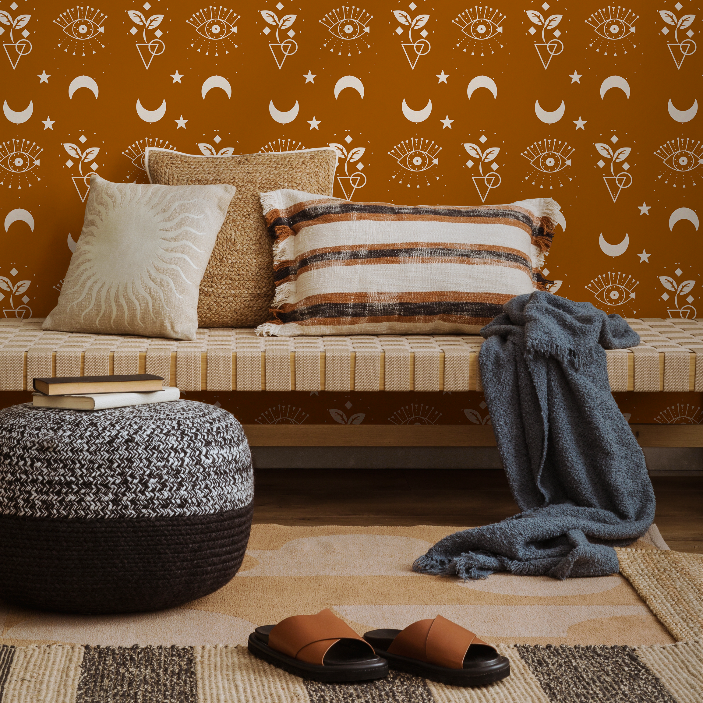 Mystical Wallpaper With Celestial Moons And Eyes In Brown And White - Zaaz