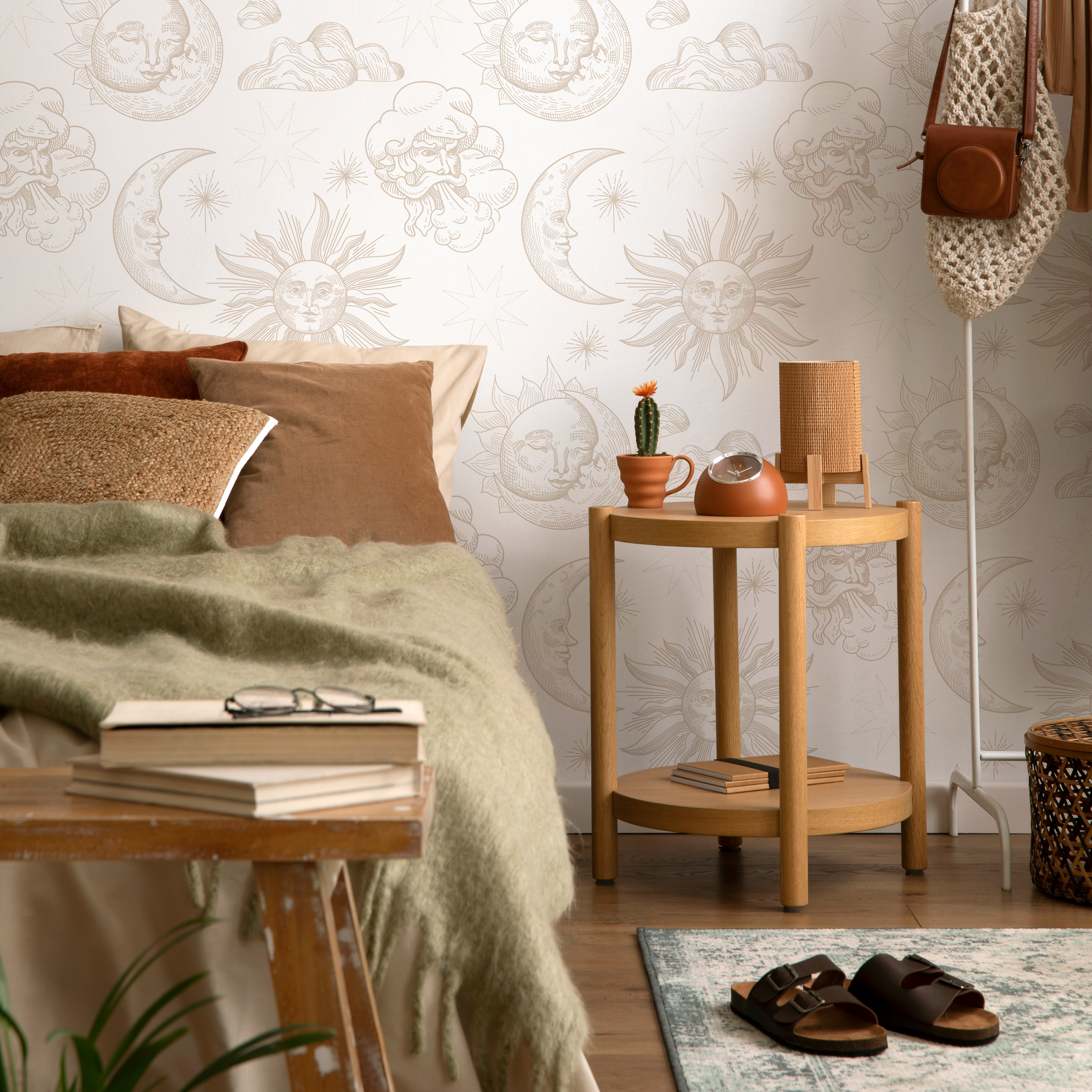 Celestial Wallpaper With Vintage Sun, Moon, And Cloud Illustrations In Beige - Zabb