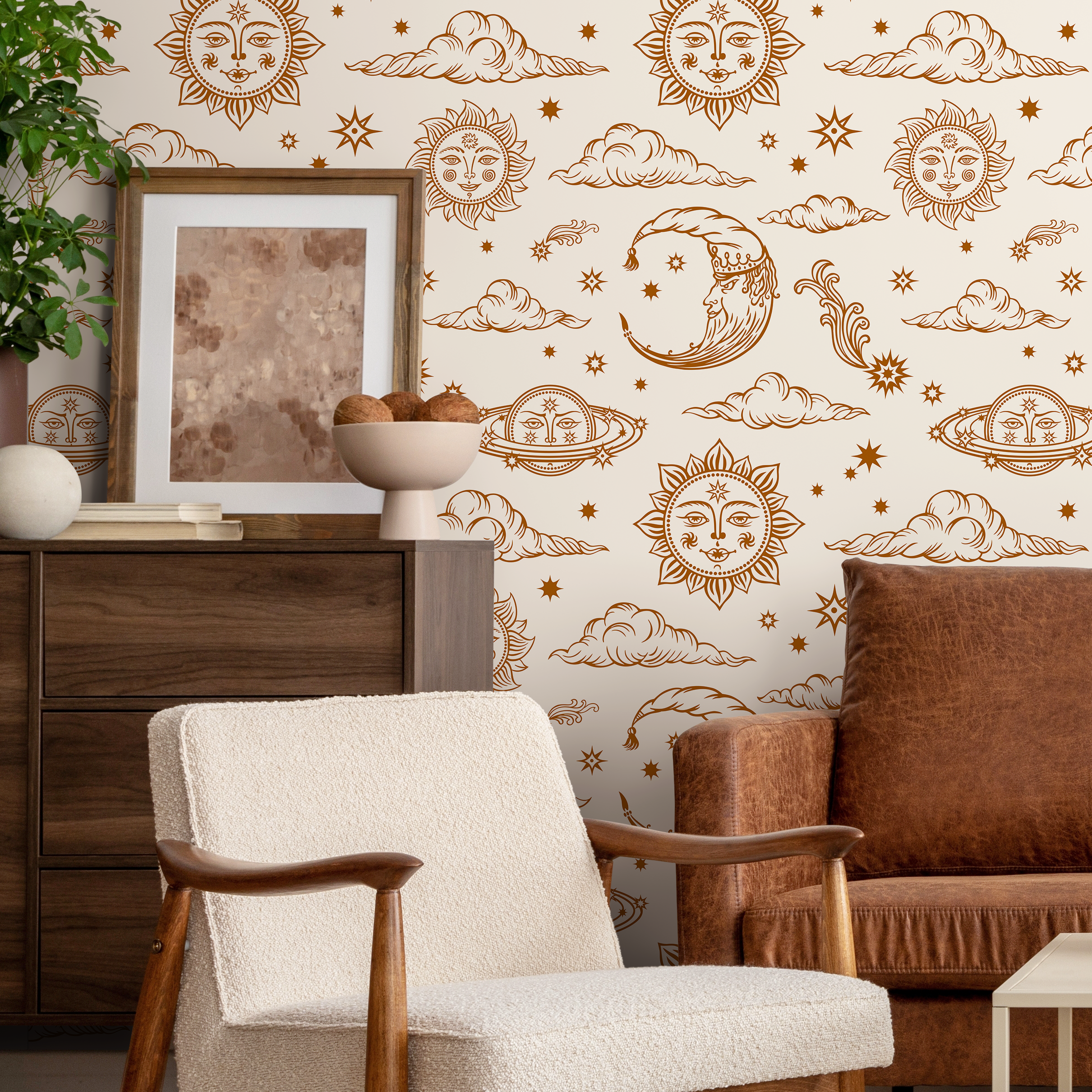 Celestial Wallpaper With Mystical Sun And Moon Motifs In Brown - Zabc