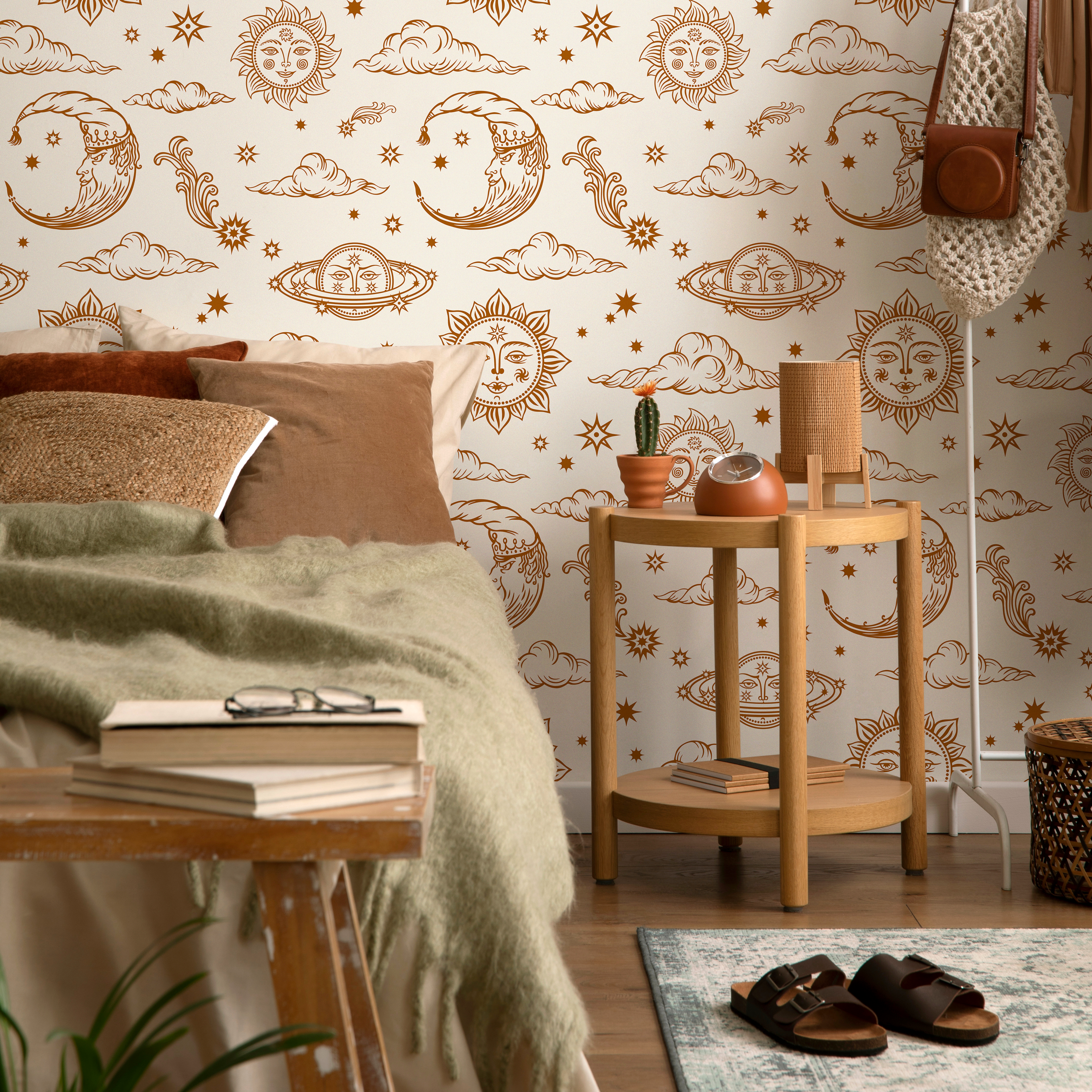 Celestial Wallpaper With Mystical Sun And Moon Motifs In Brown - Zabc