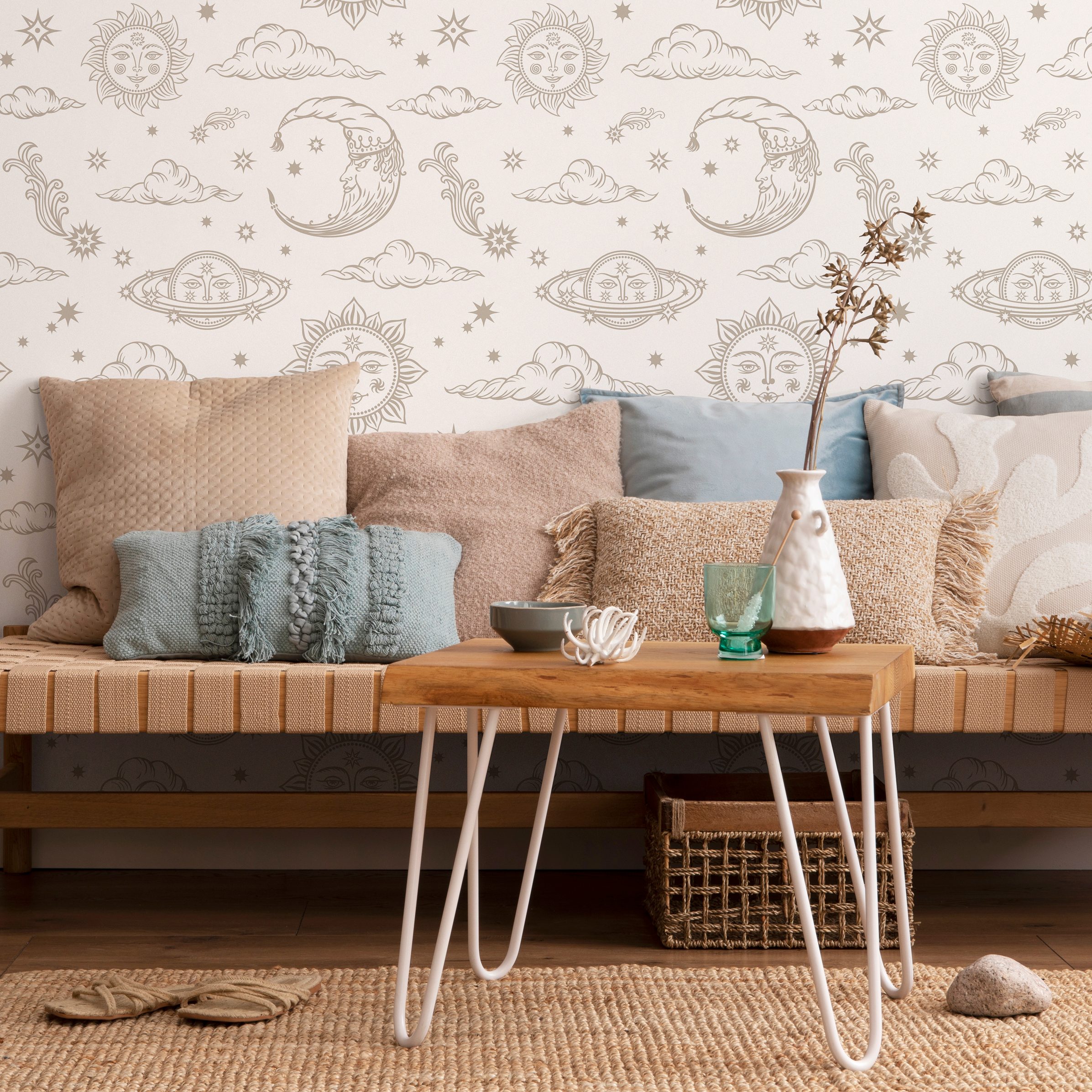 Celestial Wallpaper With Mystical Sun Moon And Stars In Light Brown - Zabd