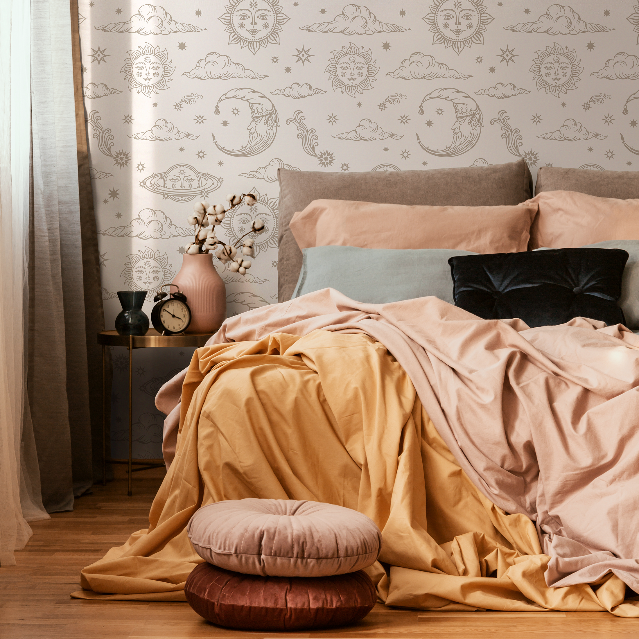 Celestial Wallpaper With Mystical Sun Moon And Stars In Light Brown - Zabd