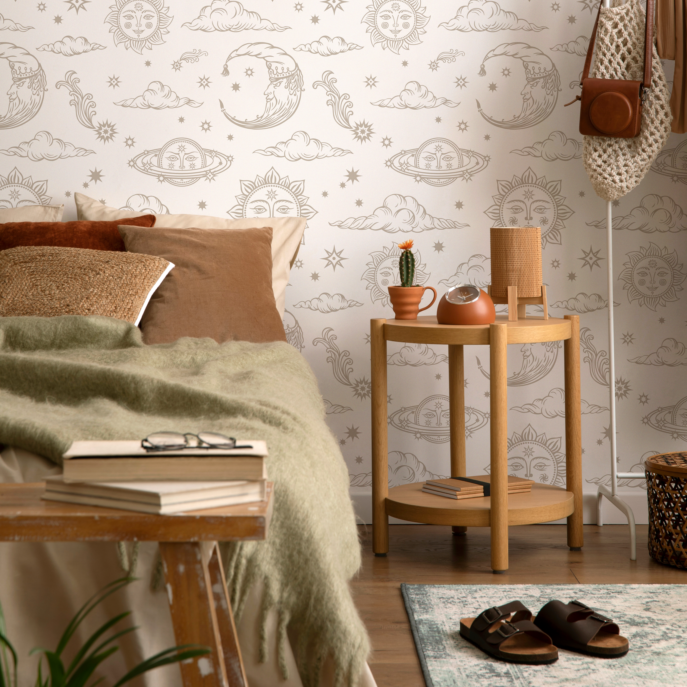 Celestial Wallpaper With Mystical Sun Moon And Stars In Light Brown - Zabd