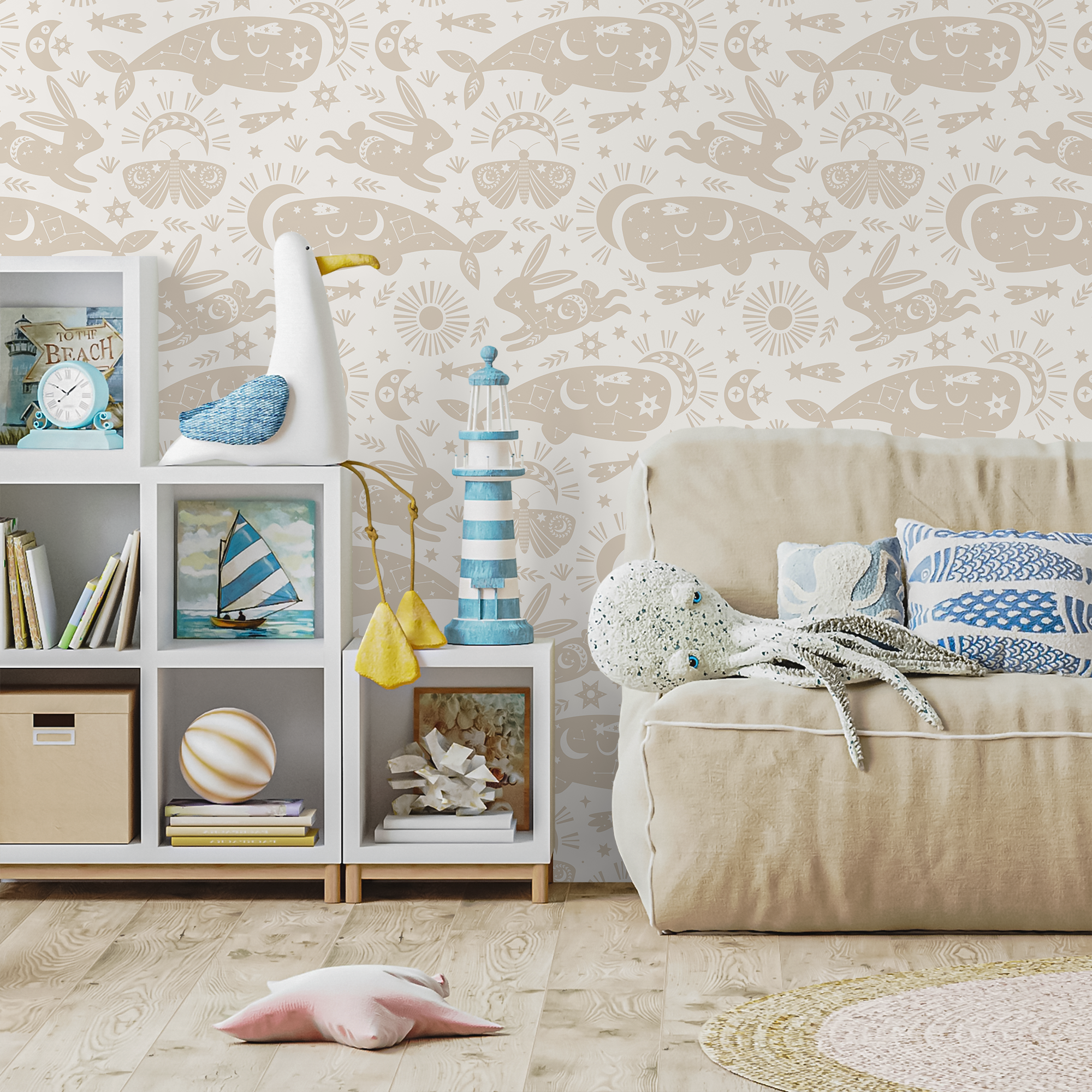 Celestial Wallpaper With Whimsical Animals In Neutral Beige - Zabe