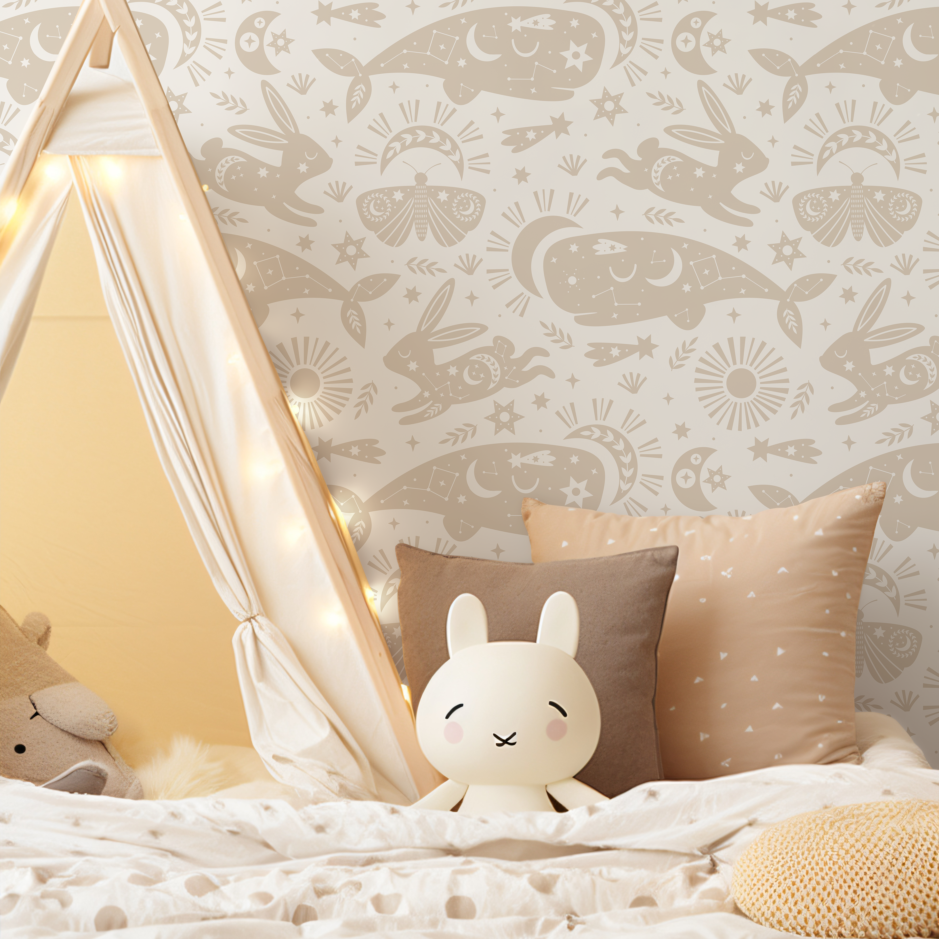 Celestial Wallpaper With Whimsical Animals In Neutral Beige - Zabe