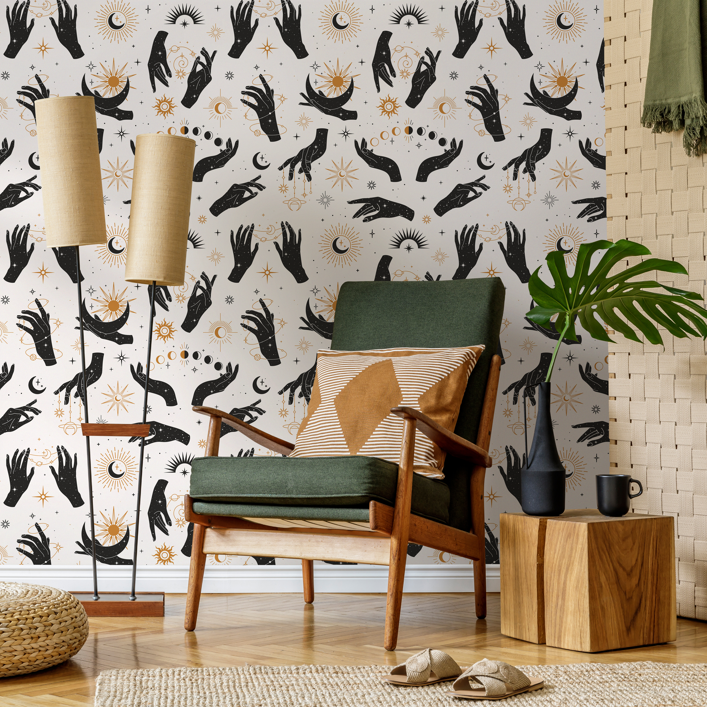 Celestial Wallpaper With Mystical Hands, Suns, And Moons In Black And Gold - Zabf