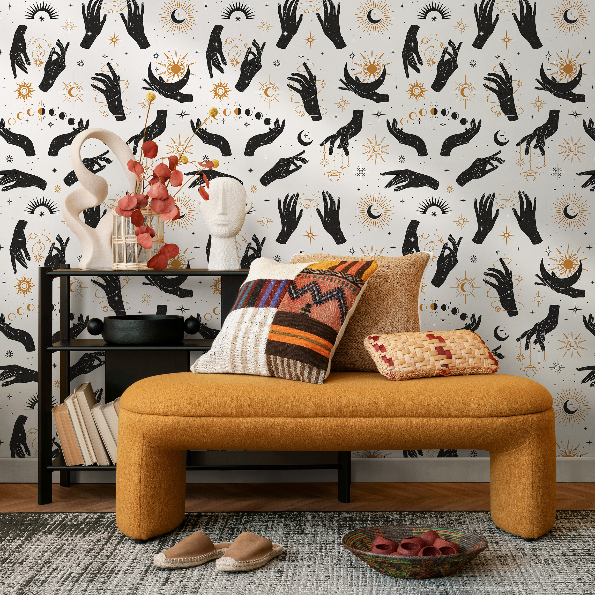 Celestial Wallpaper With Mystical Hands, Suns, And Moons In Black And Gold - Zabf