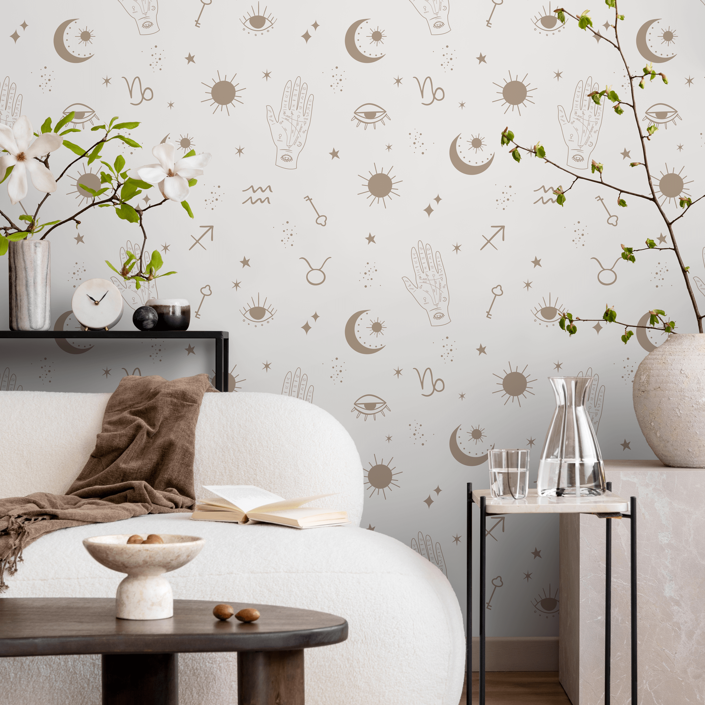 Astrological Wallpaper With Sun, Moon, And Hand Motifs In Beige - Zabh