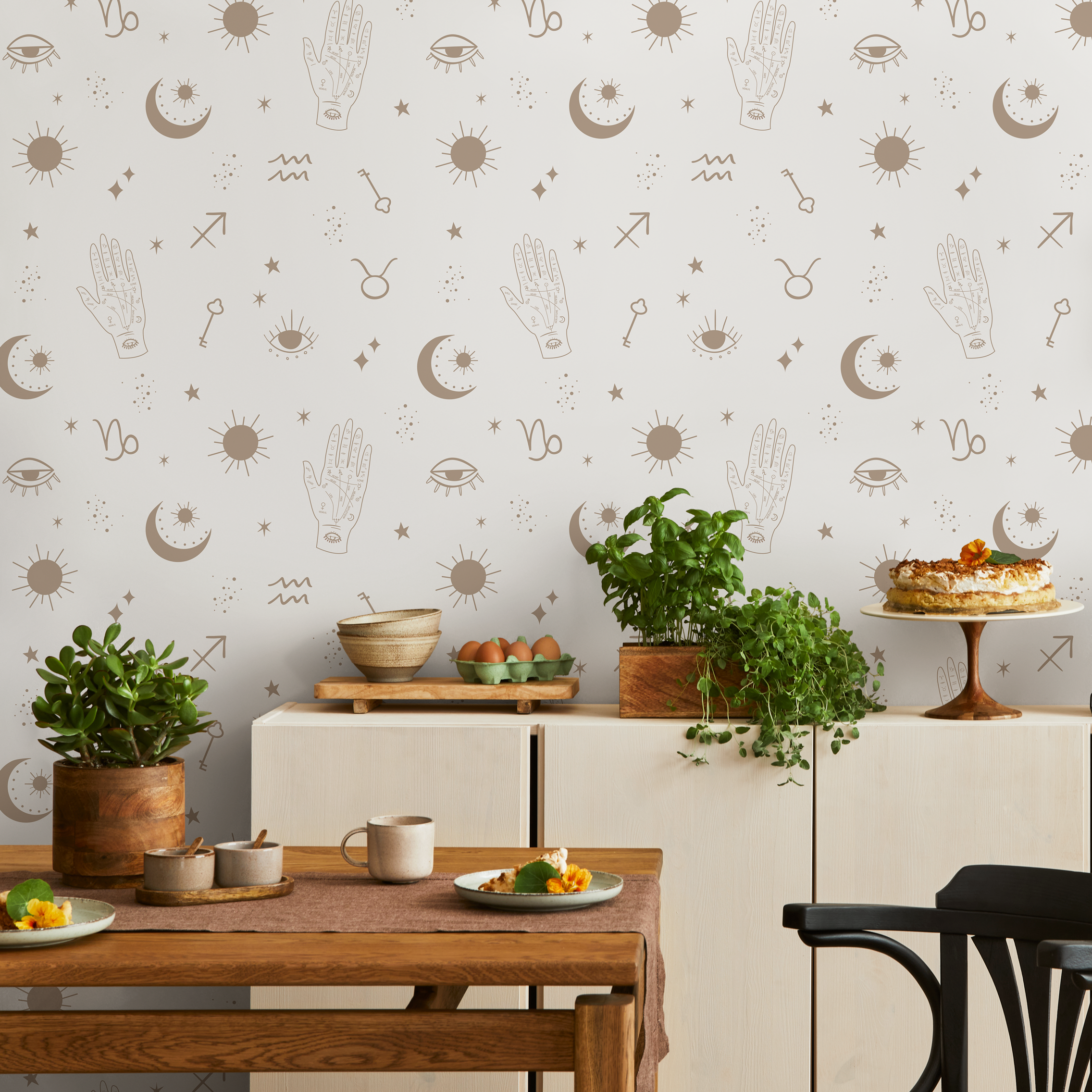Astrological Wallpaper With Sun, Moon, And Hand Motifs In Beige - Zabh