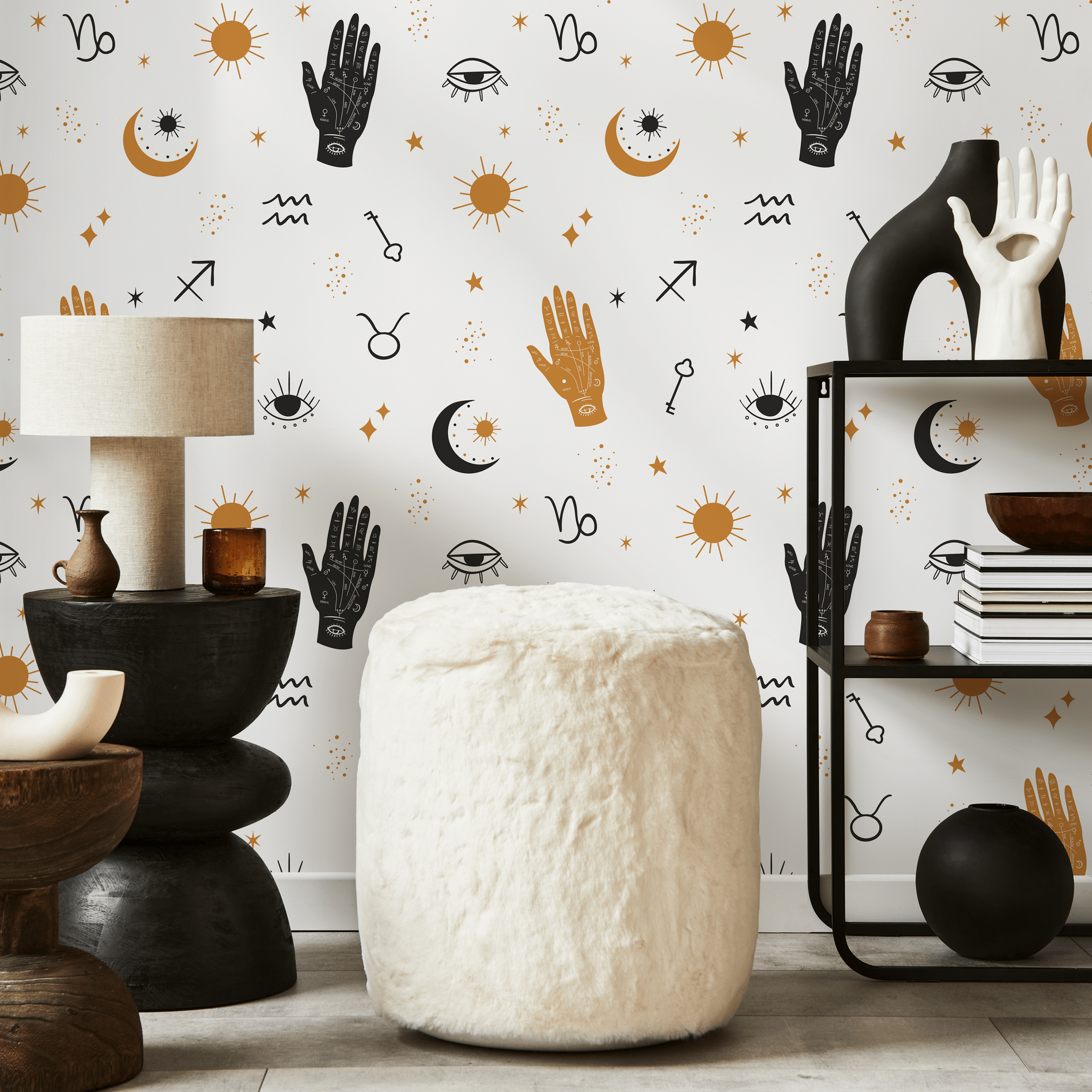 Celestial Wallpaper With Mystical Hands And Stars In Black And Gold - Zabi