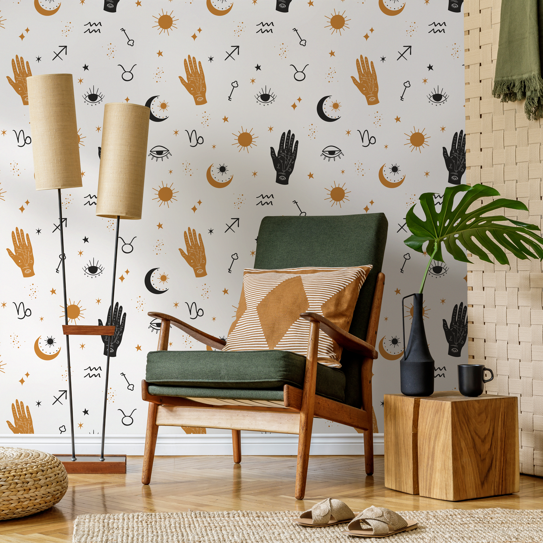 Celestial Wallpaper With Mystical Hands And Stars In Black And Gold - Zabi