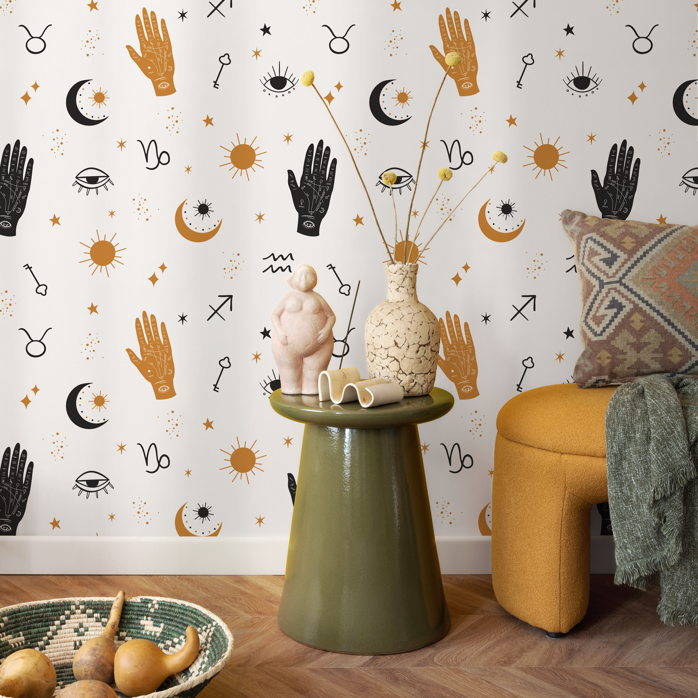 Celestial Wallpaper With Mystical Hands And Stars In Black And Gold - Zabi