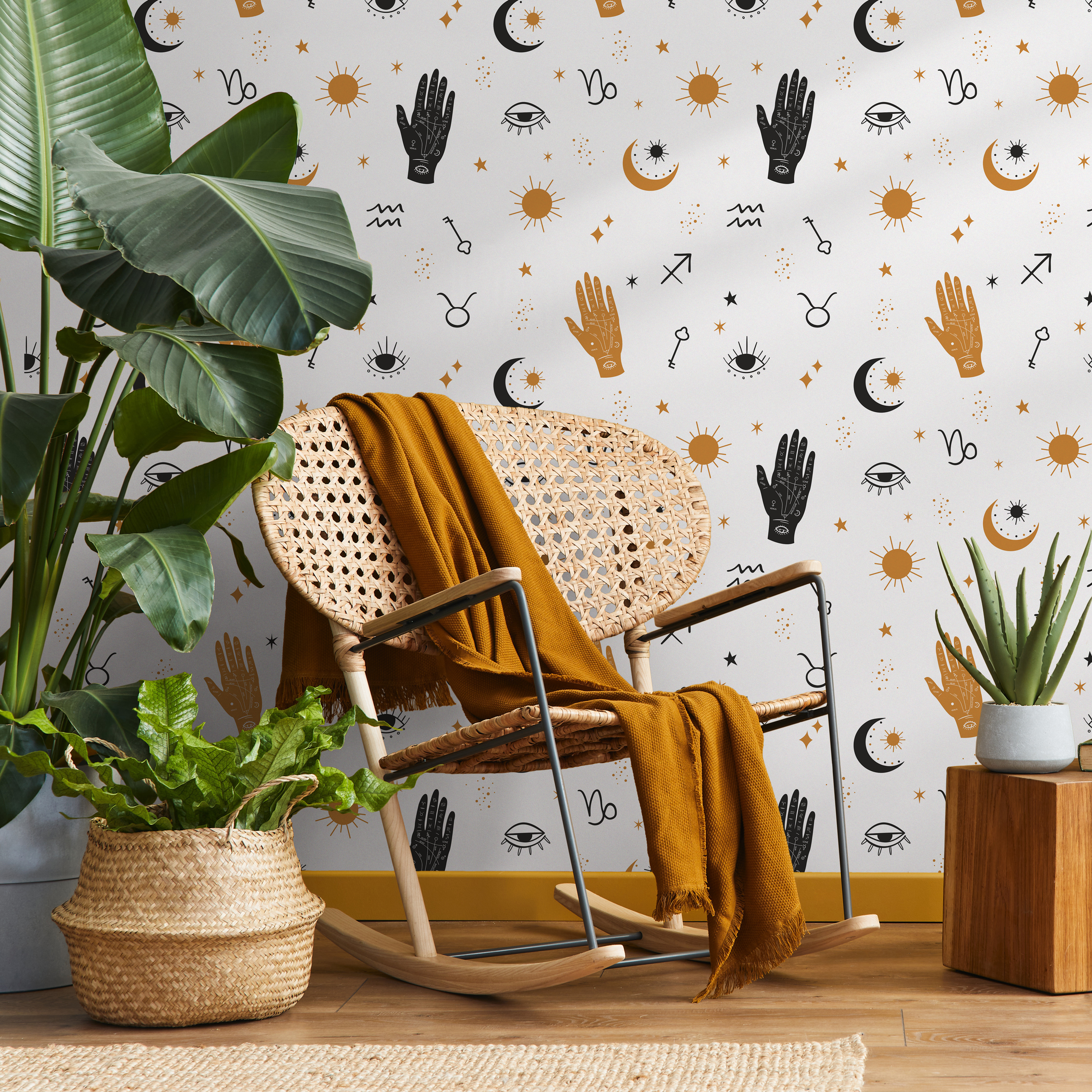 Celestial Wallpaper With Mystical Hands And Stars In Black And Gold - Zabi